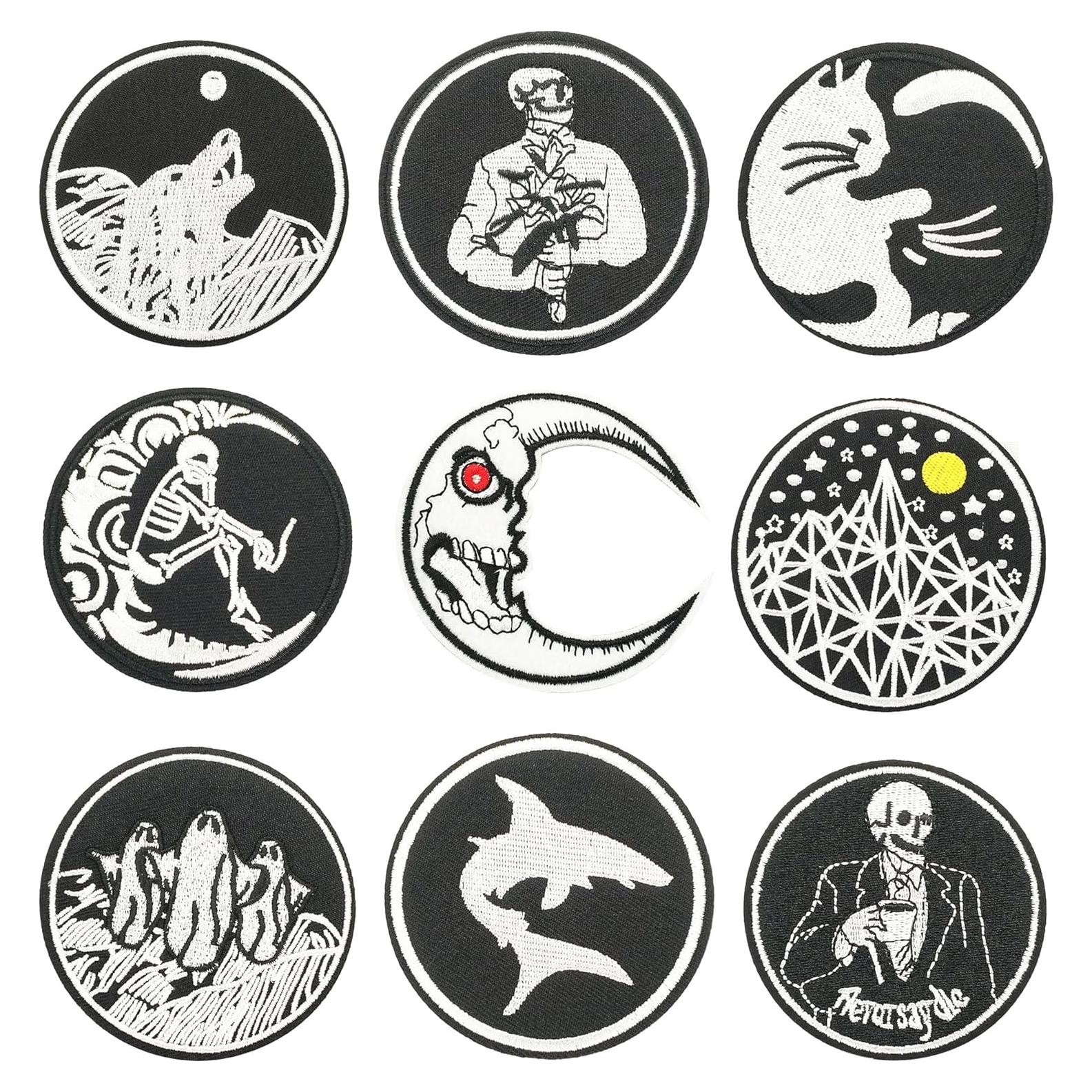 9 Parches de Planchar Bordados Attuslla Negros y Blancos