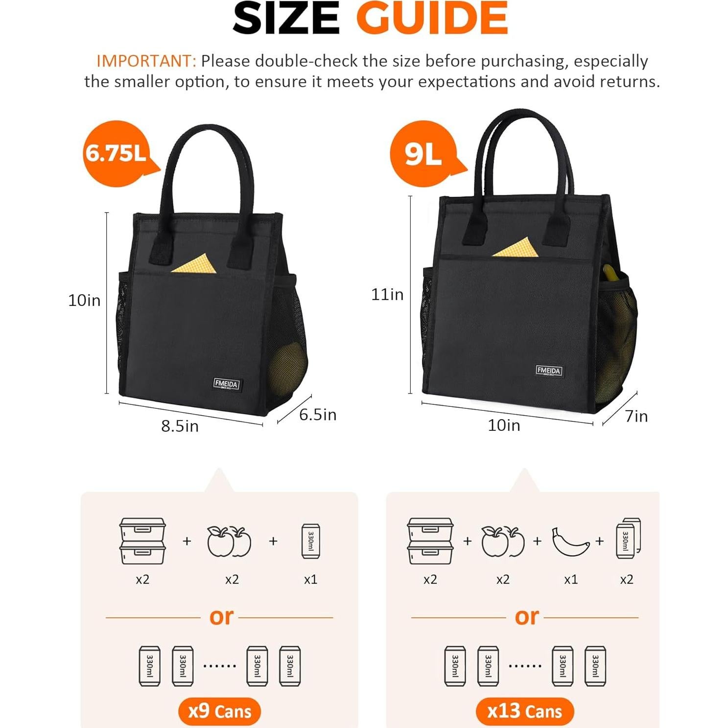 Bolsa Térmica Fmeida Negra 6.75L con Bolsillos para Almuerzo