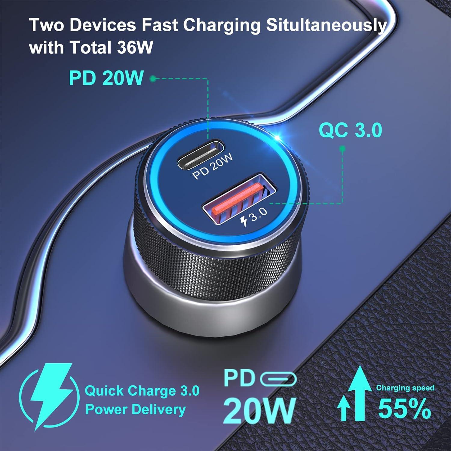 Cargador de Coche USB C Bangfun 36W Doble Puerto PD QC 3.0