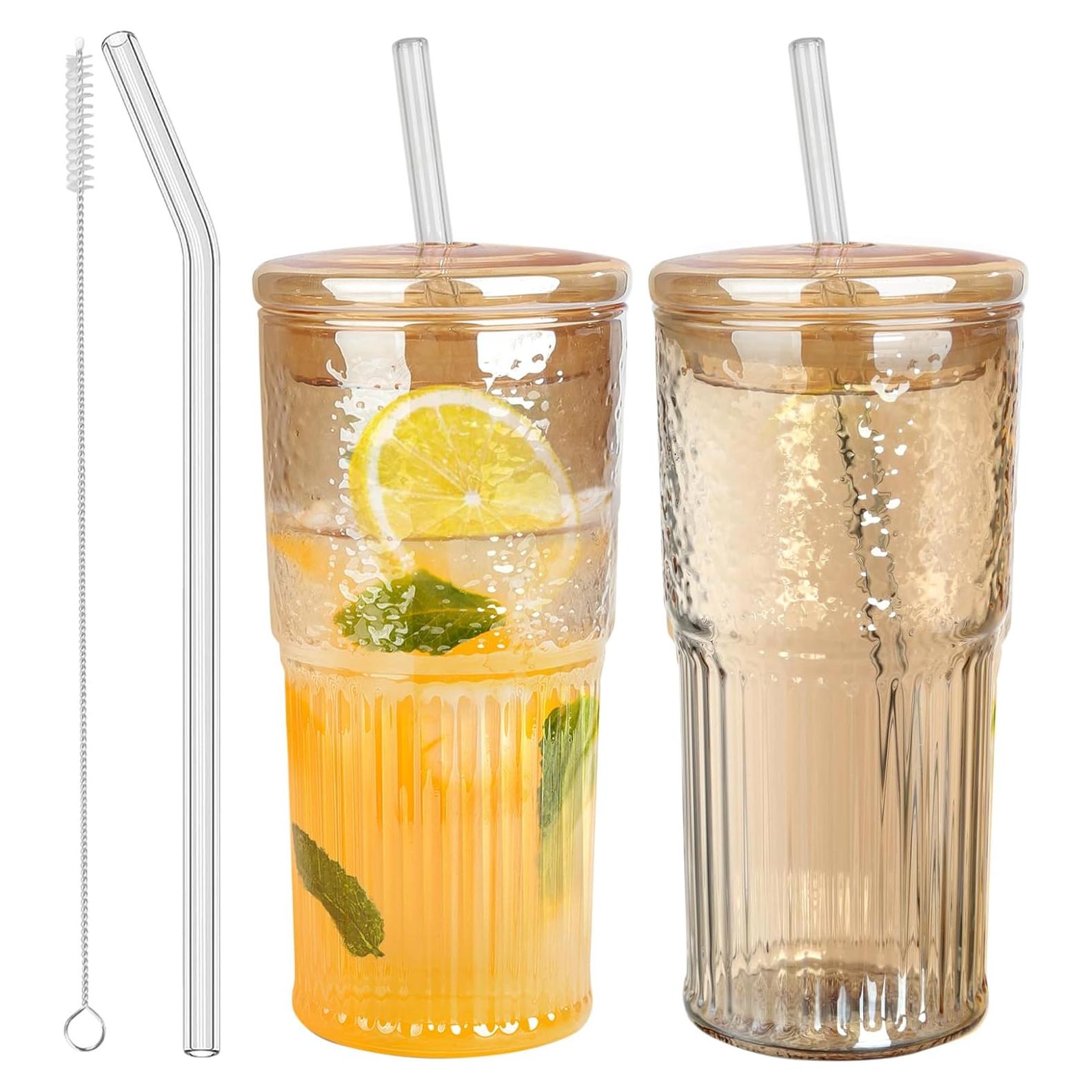 Set de 2 Tazas de Vidrio JunVpic 20 OZ con Tapa y Popote Ámbar