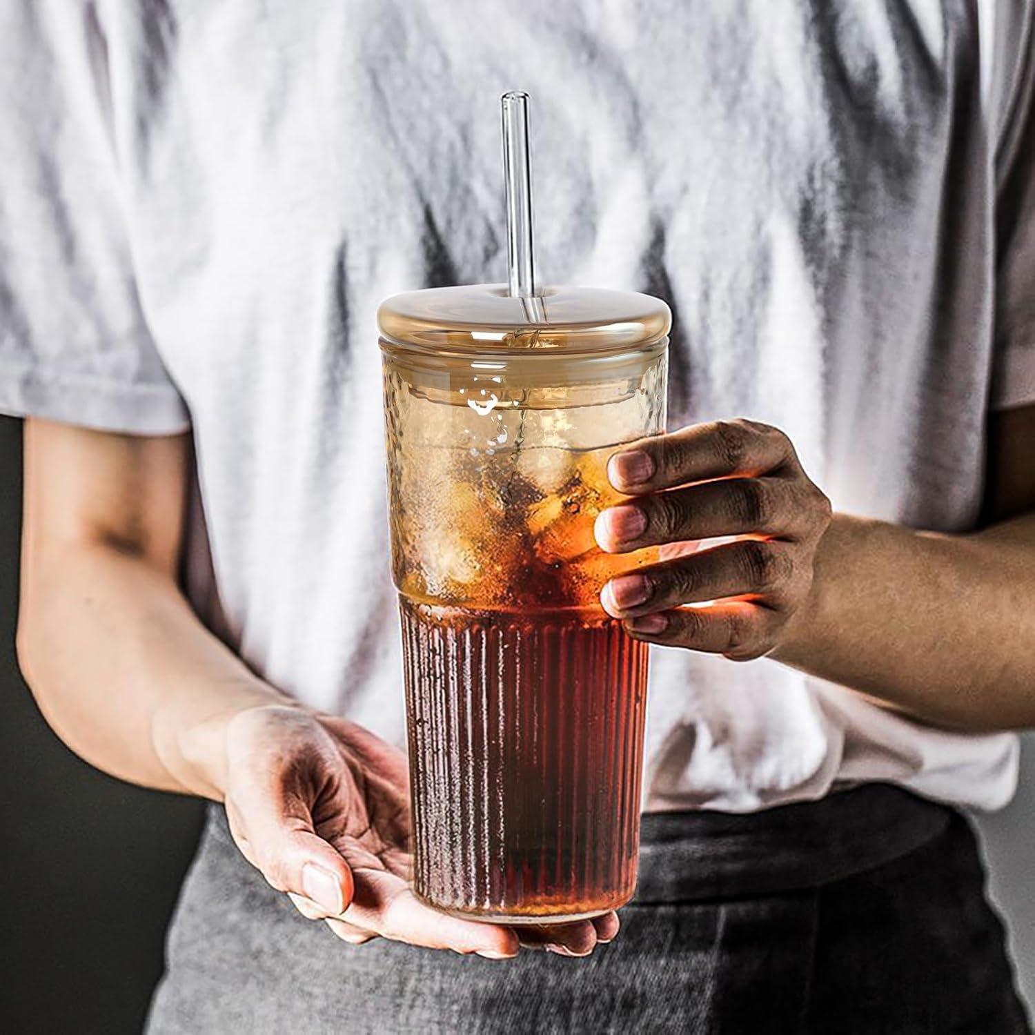 Set de 2 Tazas de Vidrio JunVpic 20 OZ con Tapa y Popote Ámbar