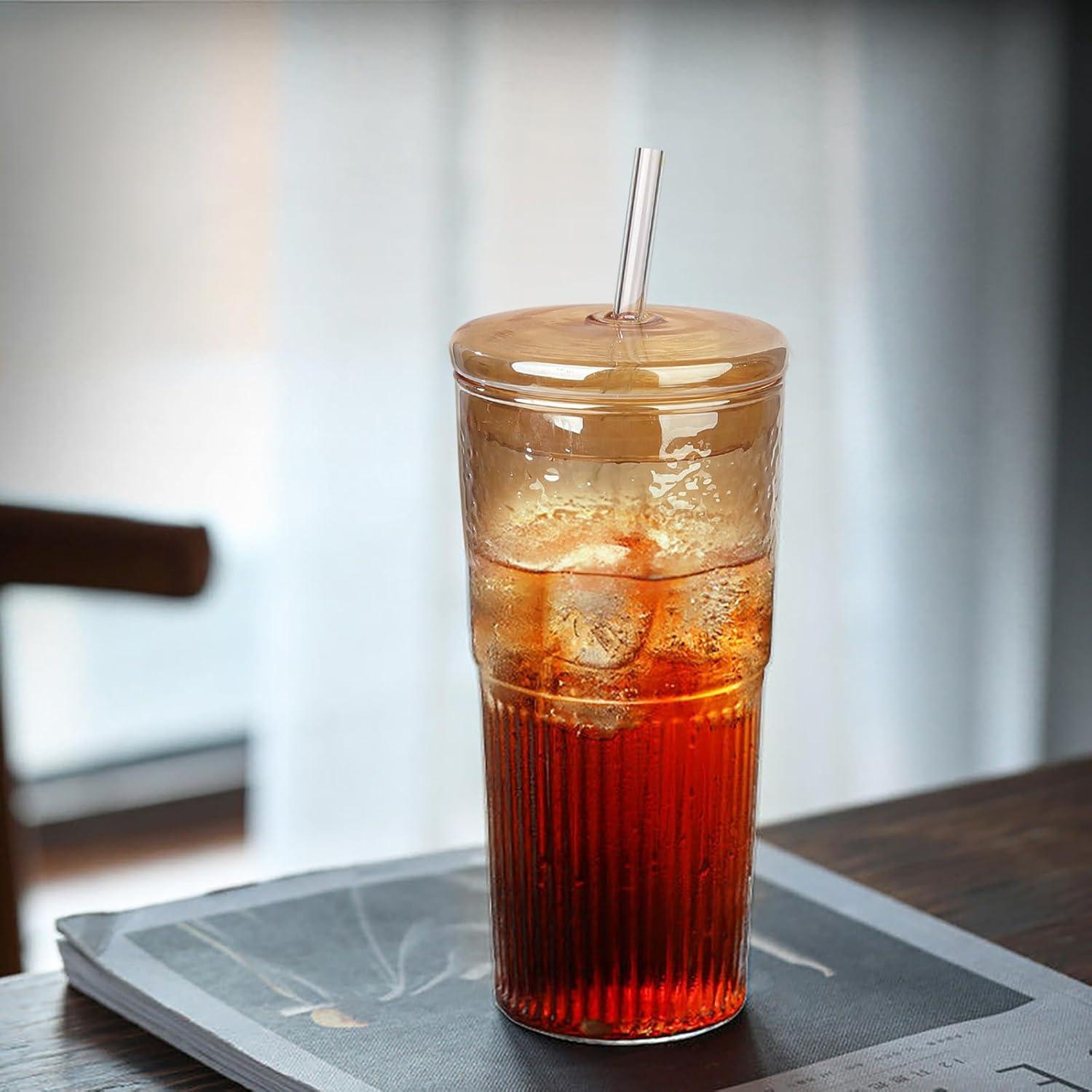 Set de 2 Tazas de Vidrio JunVpic 20 OZ con Tapa y Popote Ámbar