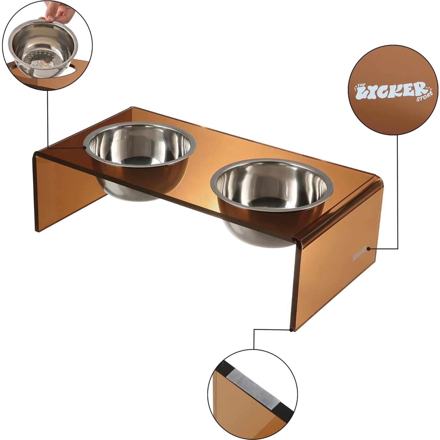 THE LICKER STORE DBL2000D Keaton 5" Small/Medium Modern Acrylic Rectangular Elevated Pet Feeder with 20oz 2-Stainless Steel Bowls, Amber/Chrome