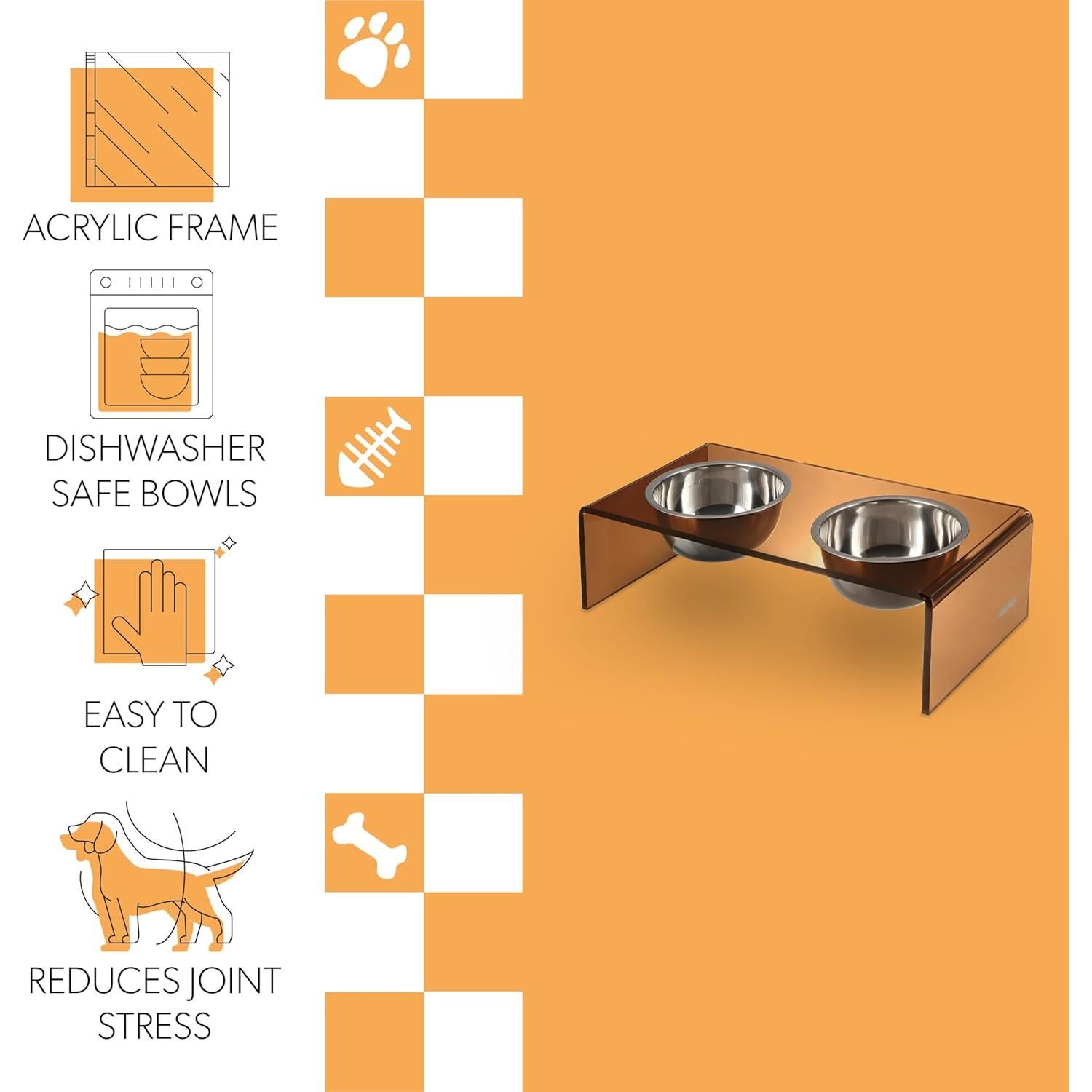 THE LICKER STORE DBL2000D Keaton 5" Small/Medium Modern Acrylic Rectangular Elevated Pet Feeder with 20oz 2-Stainless Steel Bowls, Amber/Chrome