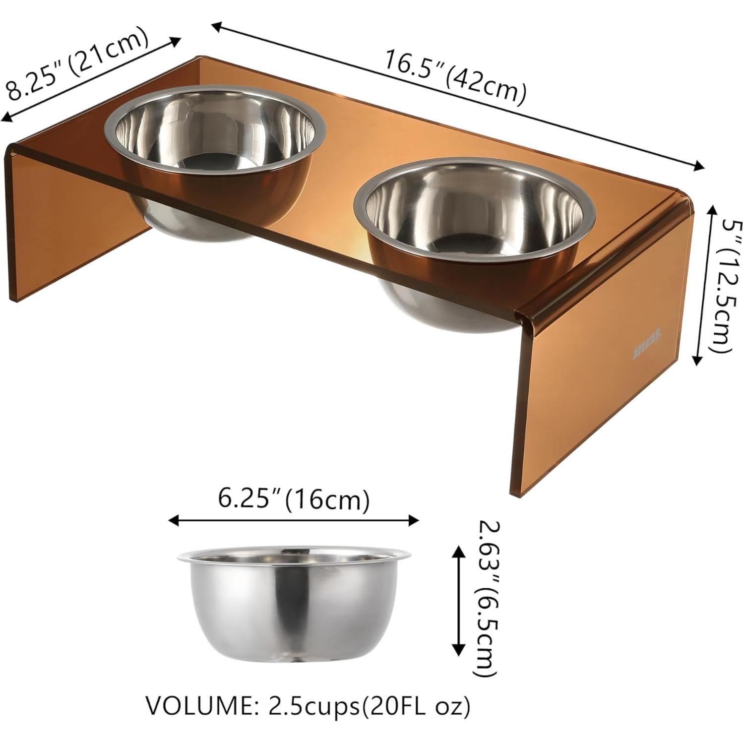 THE LICKER STORE DBL2000D Keaton 5" Small/Medium Modern Acrylic Rectangular Elevated Pet Feeder with 20oz 2-Stainless Steel Bowls, Amber/Chrome
