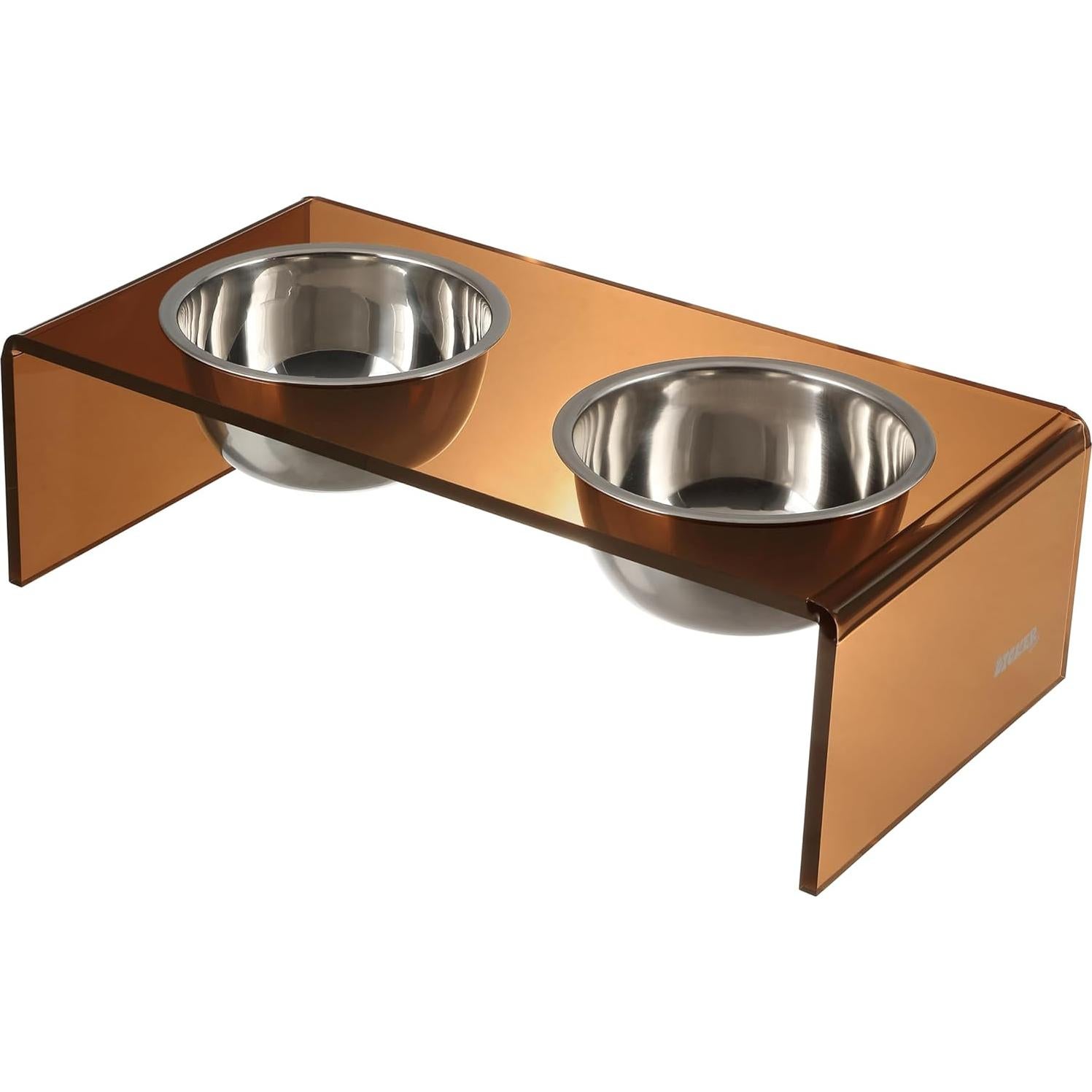 THE LICKER STORE DBL2000D Keaton 5" Small/Medium Modern Acrylic Rectangular Elevated Pet Feeder with 20oz 2-Stainless Steel Bowls, Amber/Chrome