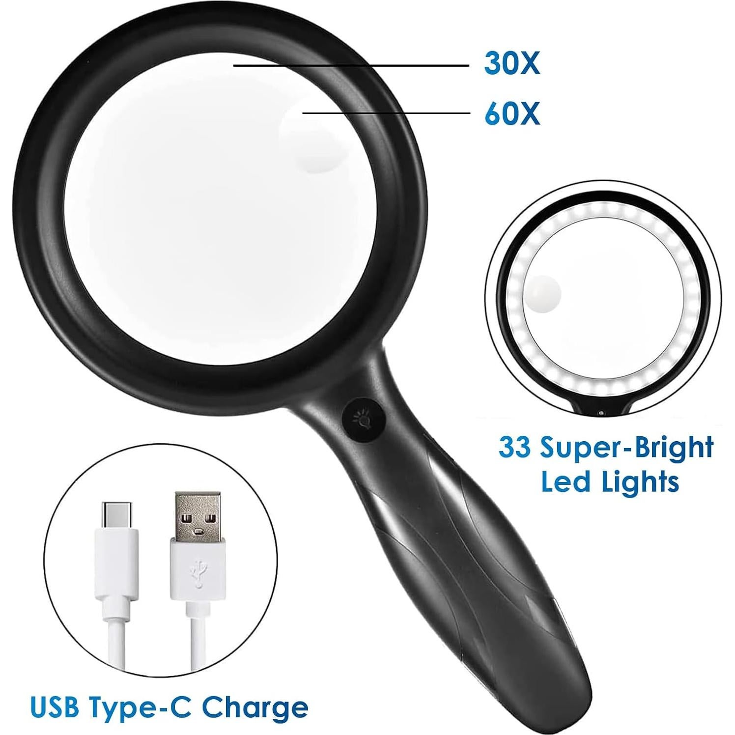 Lupa de Mano Iluminada Ntrjtrss 30X/60X Recargable con 33 LED