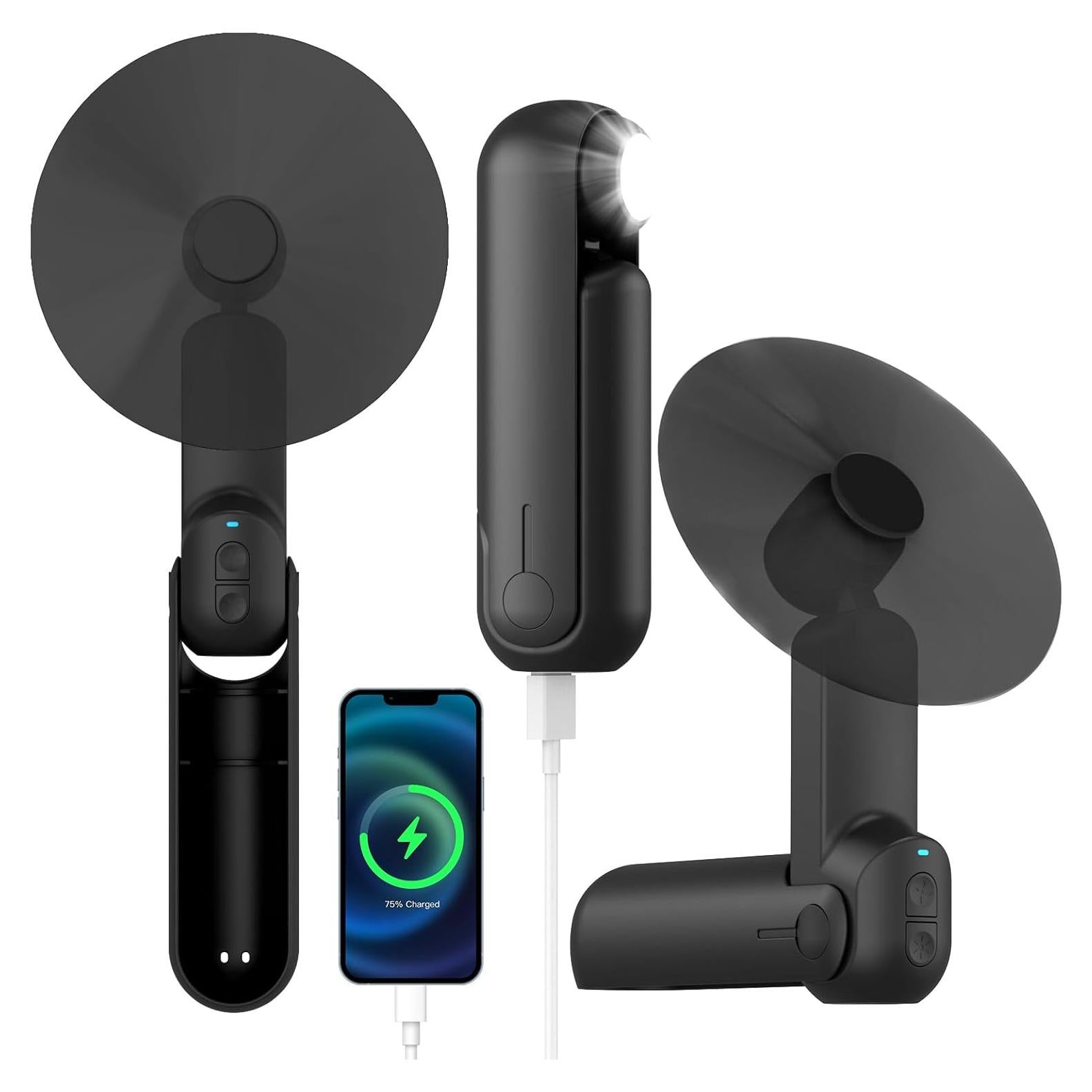 Ventilador portátil 4 en 1 NONLOCK negro, recargable, con linterna