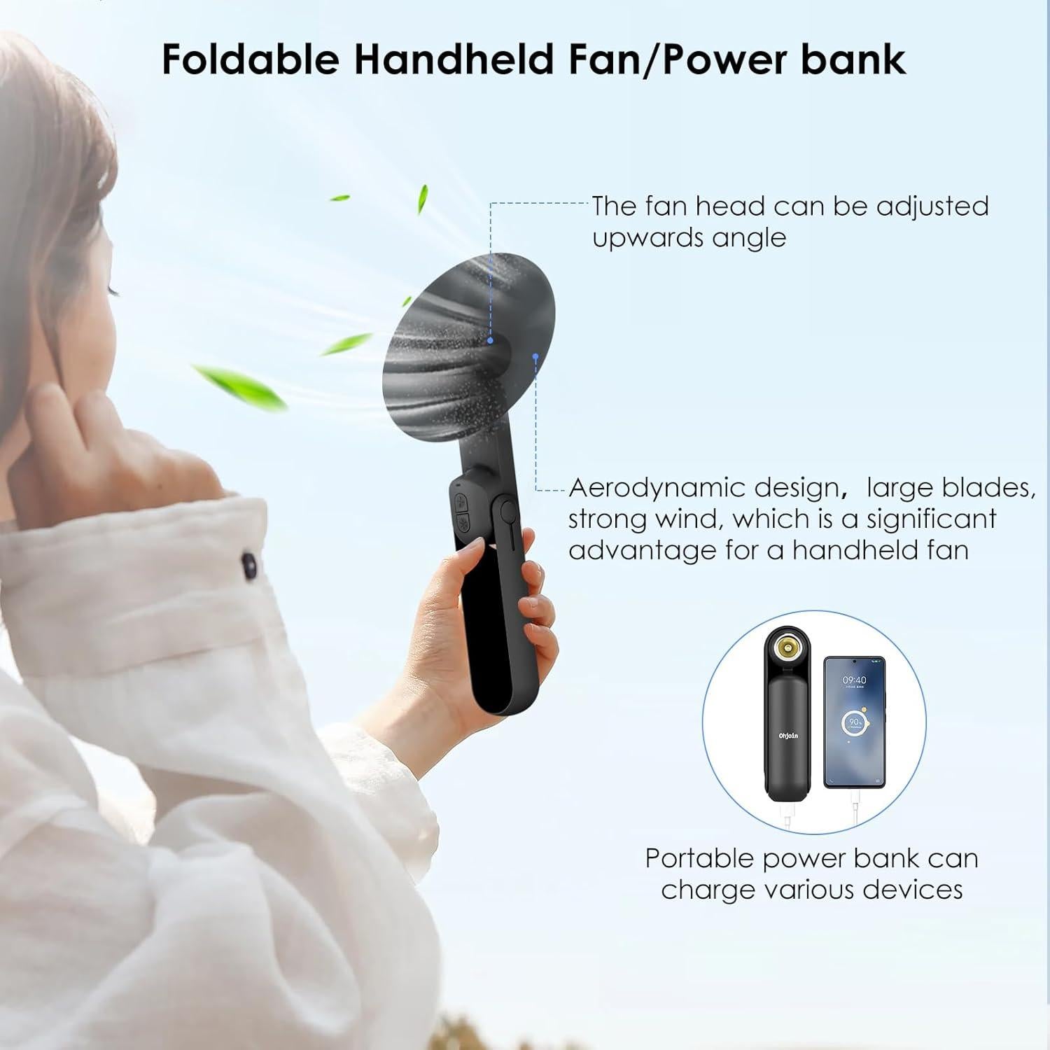 Ventilador portátil 4 en 1 NONLOCK negro, recargable, con linterna