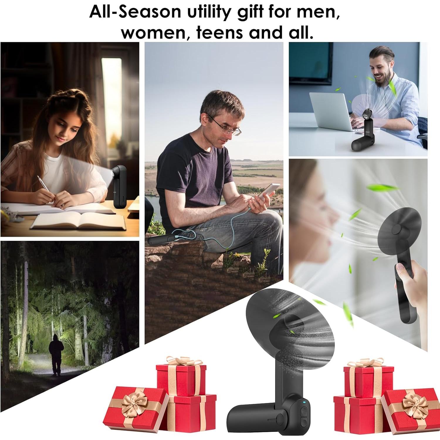 Ventilador portátil 4 en 1 NONLOCK negro, recargable, con linterna