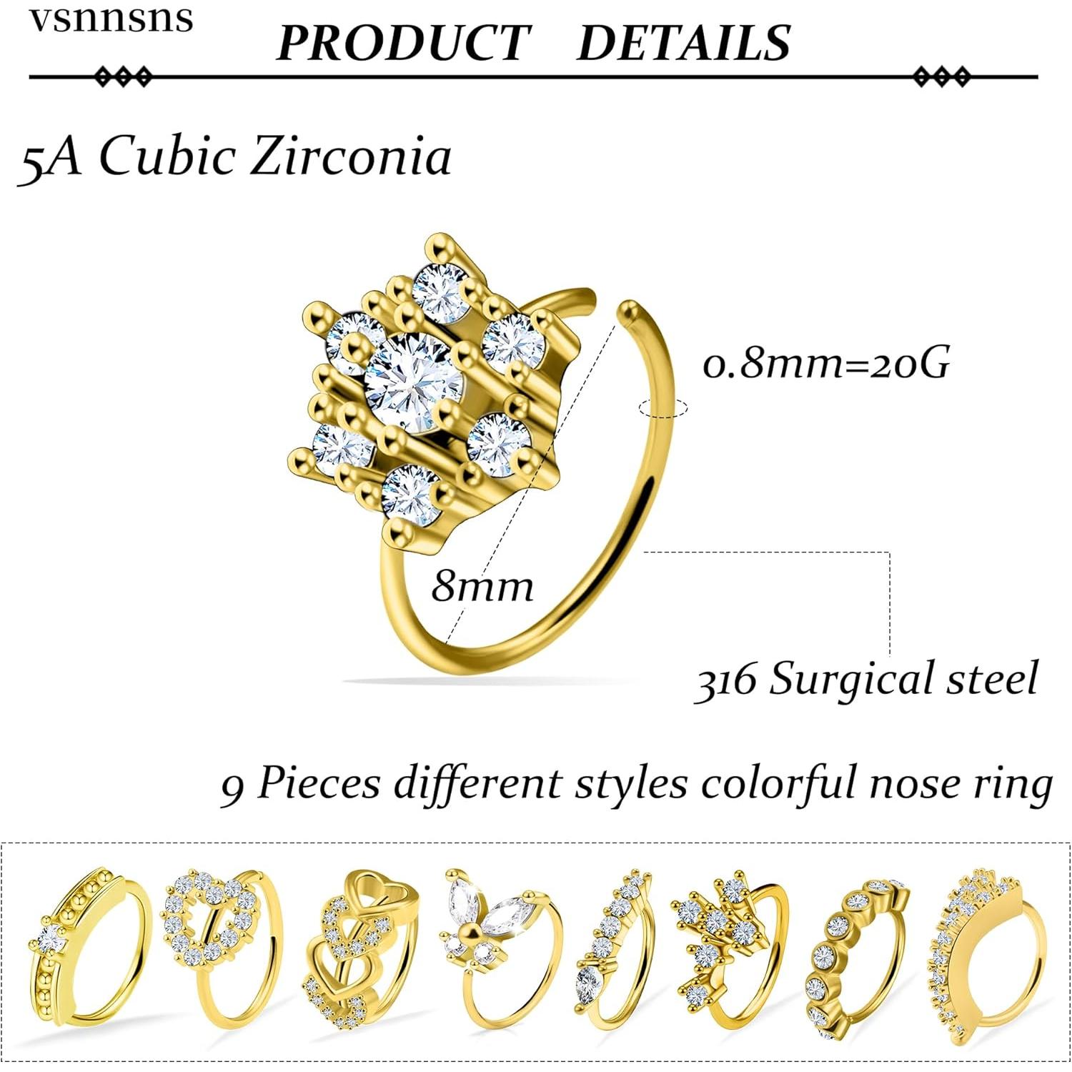 Aros Nasales 20G Vsnnsns Acero Quirúrgico 316L 8mm Oro 14k