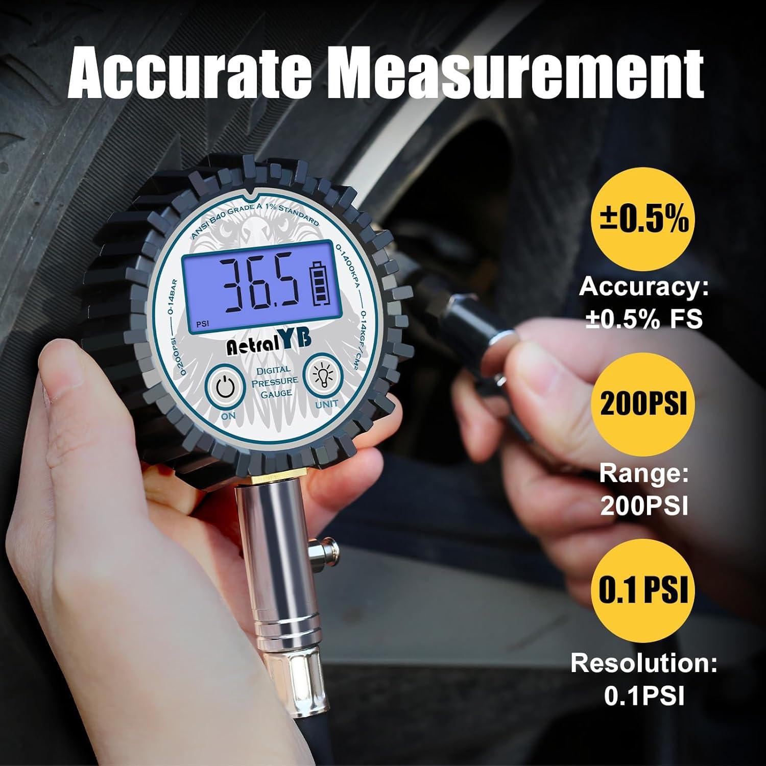 Medidor Digital de Presión de Neumáticos AetralYB 200 PSI con Retroiluminación LED