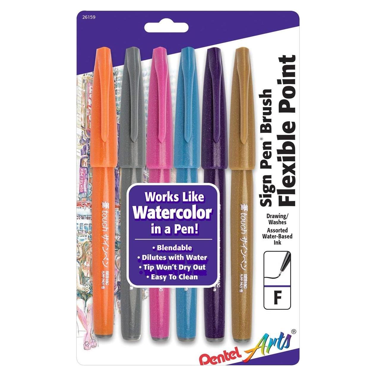 Pinceles de Tinta Pentel Arts Sign Pen Touch, 6 Colores