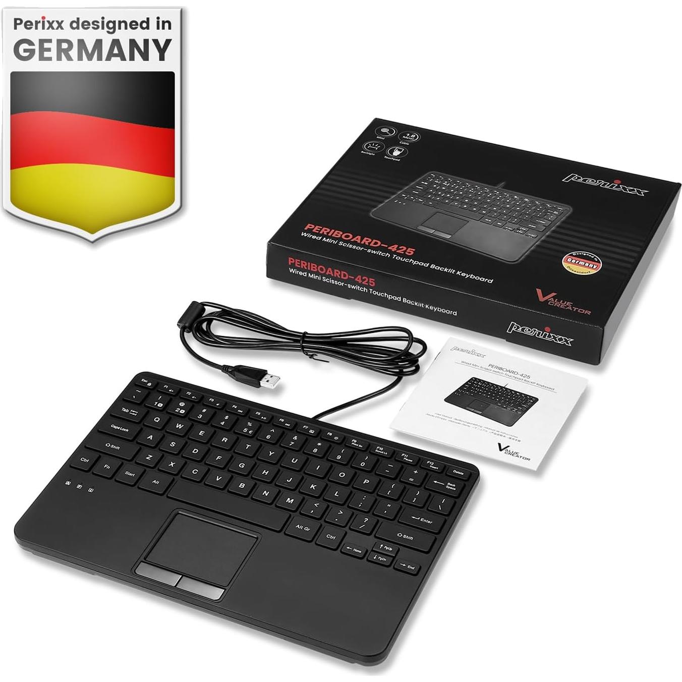 Teclado Mini USB Perixx PERIBOARD-425 con Touchpad Retroiluminado