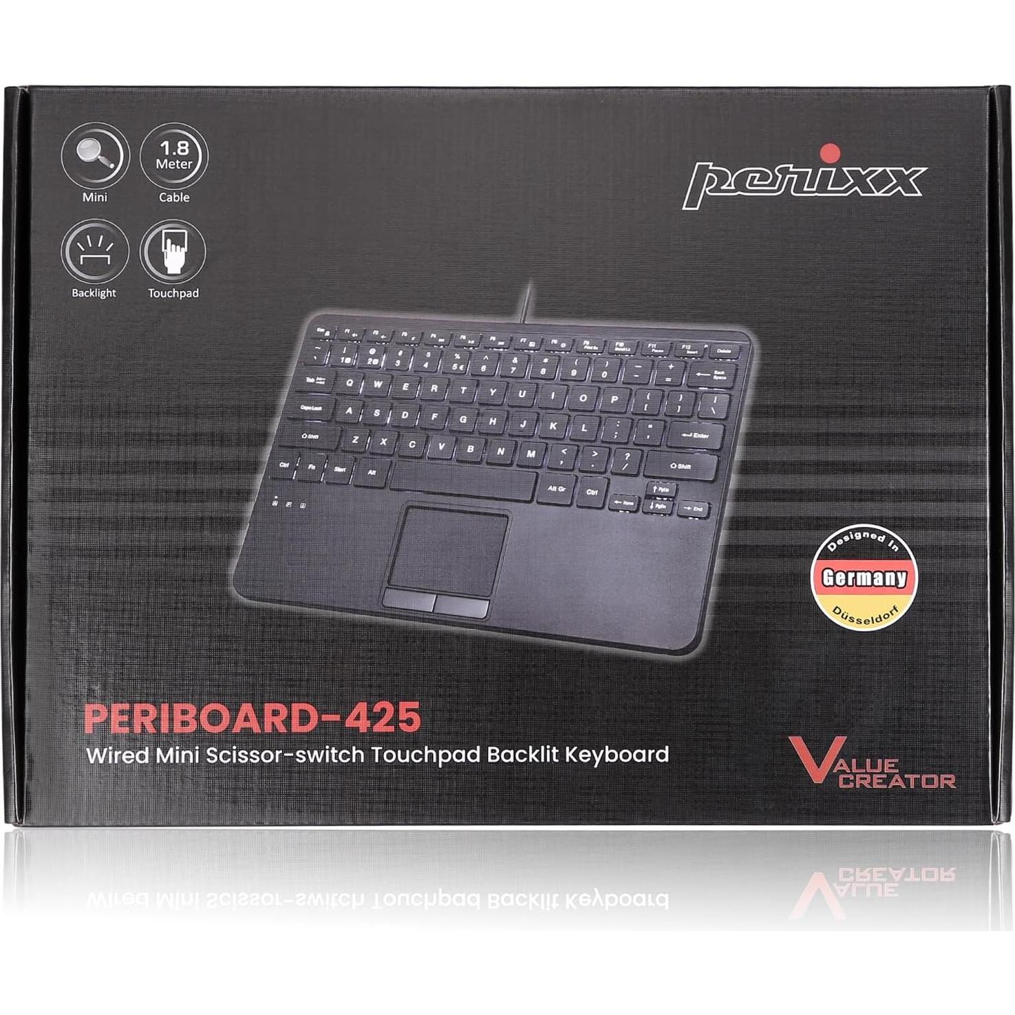Teclado Mini USB Perixx PERIBOARD-425 con Touchpad Retroiluminado