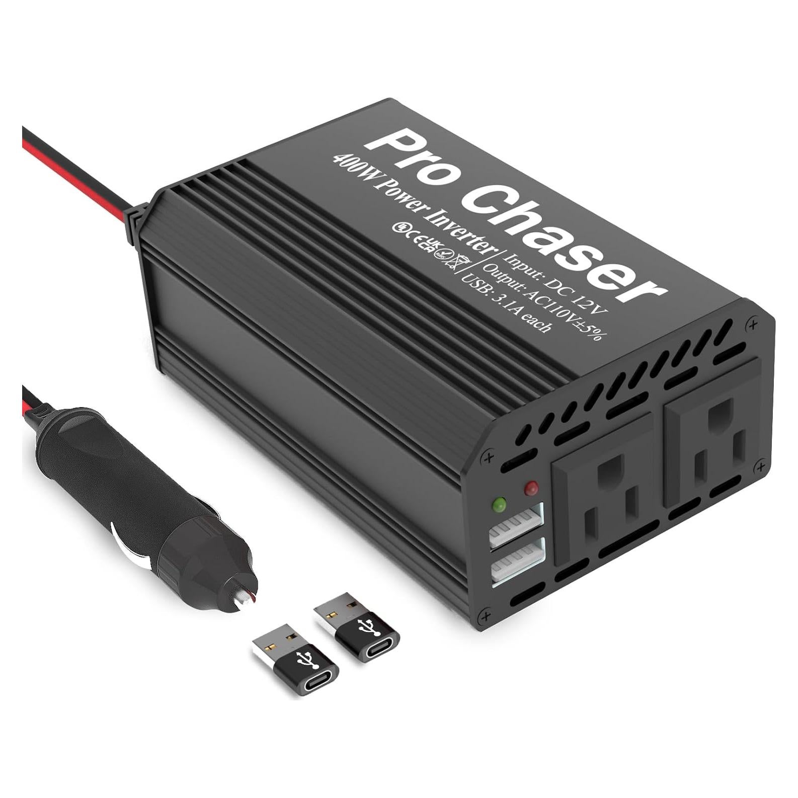 Inversor de Potencia Pro Chaser 400W 12V DC a 220V AC Negro