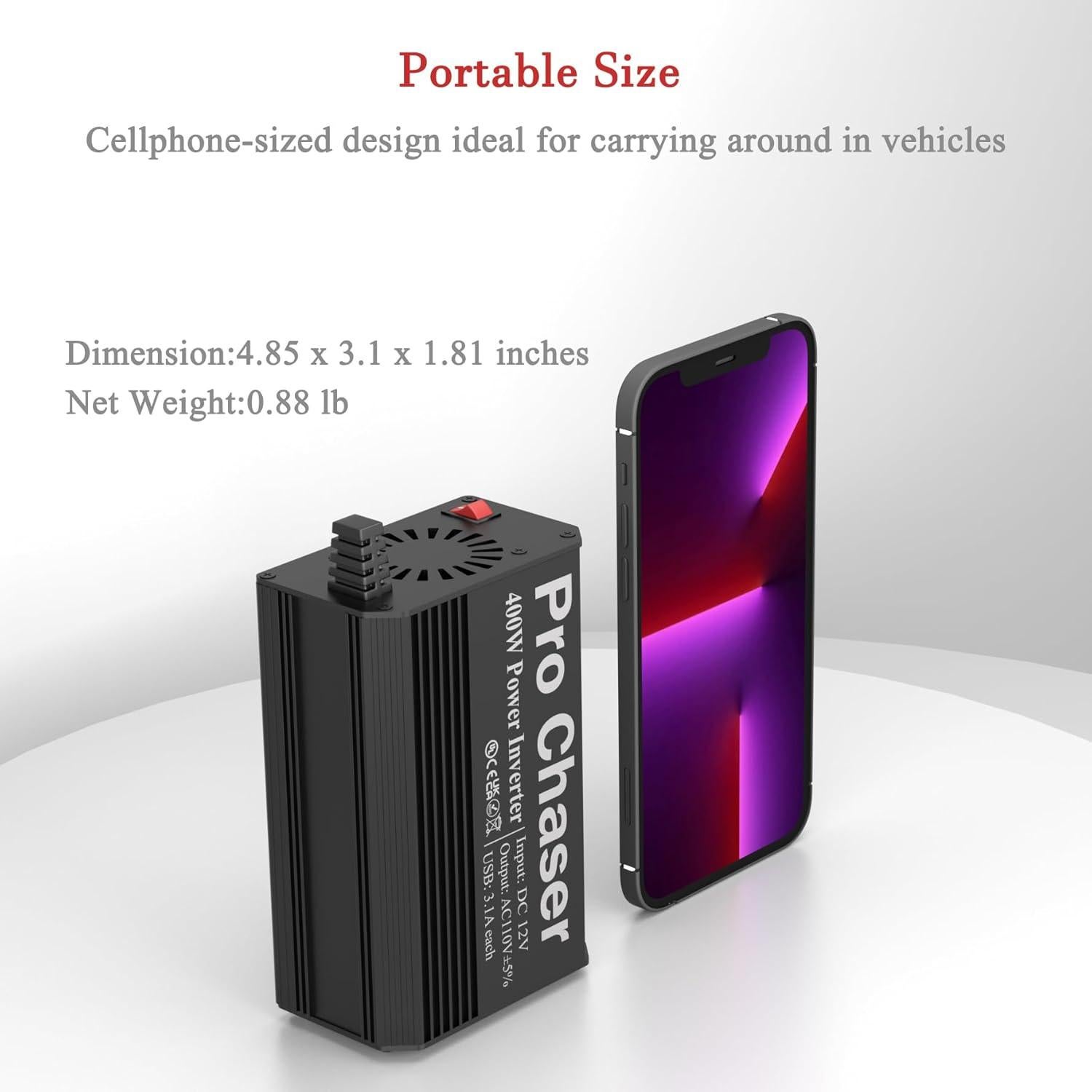 Inversor de Potencia Pro Chaser 400W 12V DC a 220V AC Negro