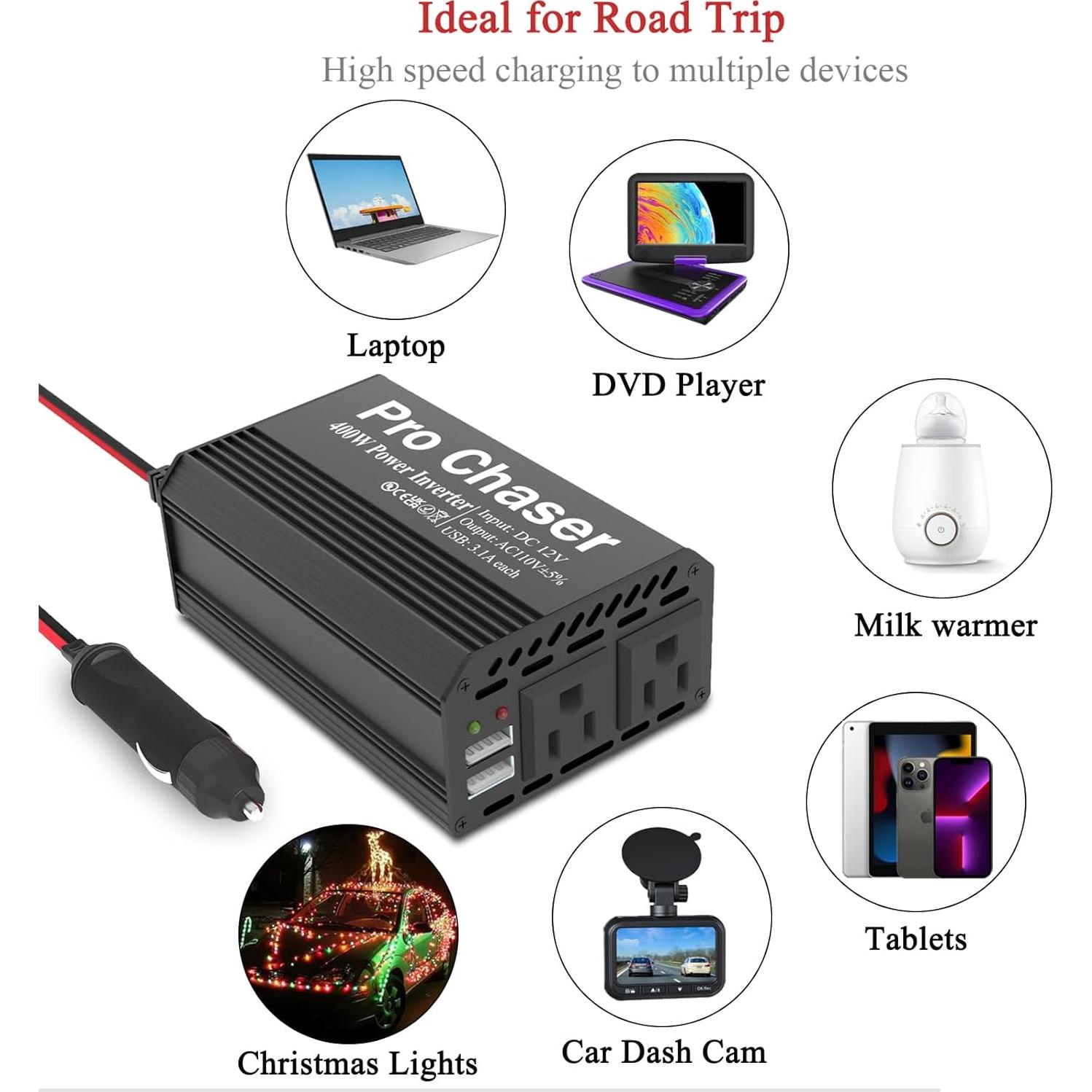 Inversor de Potencia Pro Chaser 400W 12V DC a 220V AC Negro