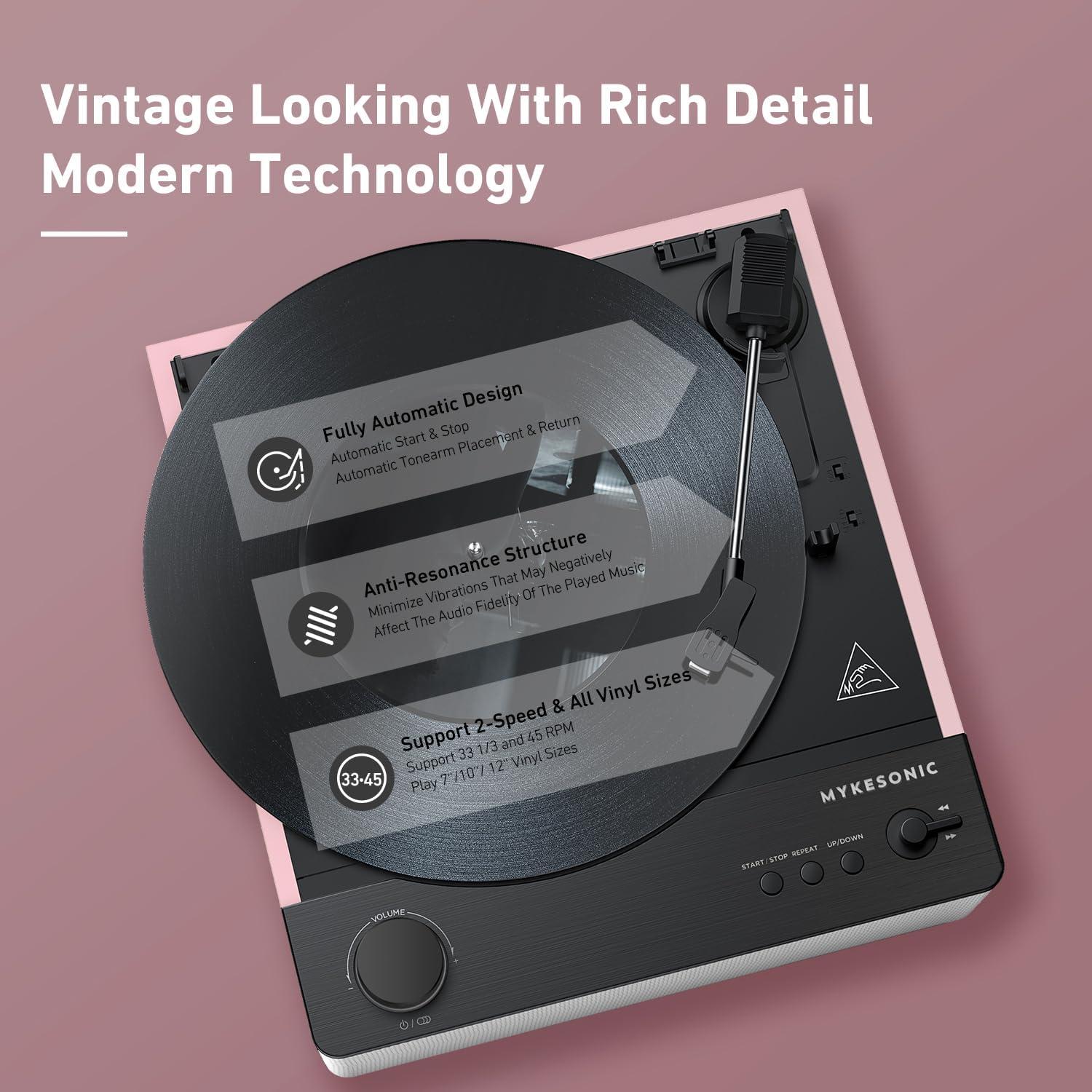 Tocadiscos Automático MYKESONIC Rosa Bluetooth Hi-Fi