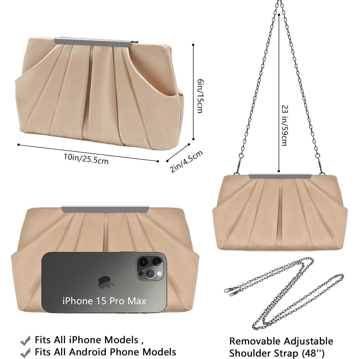 Bolso de Noche Clutch Expouch de Satén Plisado Beige 28x5.5x15cm