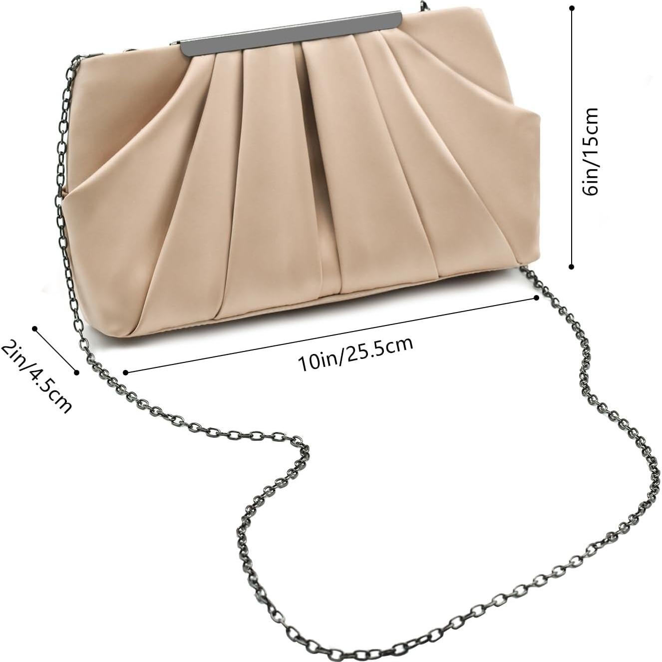 Bolso de Noche Clutch Expouch de Satén Plisado Beige 28x5.5x15cm