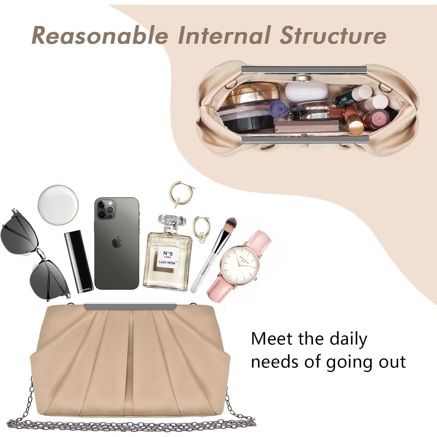 Bolso de Noche Clutch Expouch de Satén Plisado Beige 28x5.5x15cm