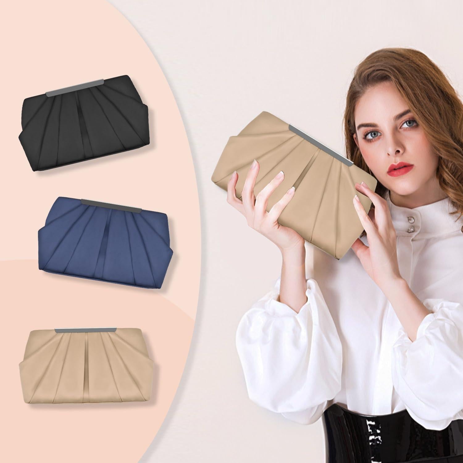 Bolso de Noche Clutch Expouch de Satén Plisado Beige 28x5.5x15cm