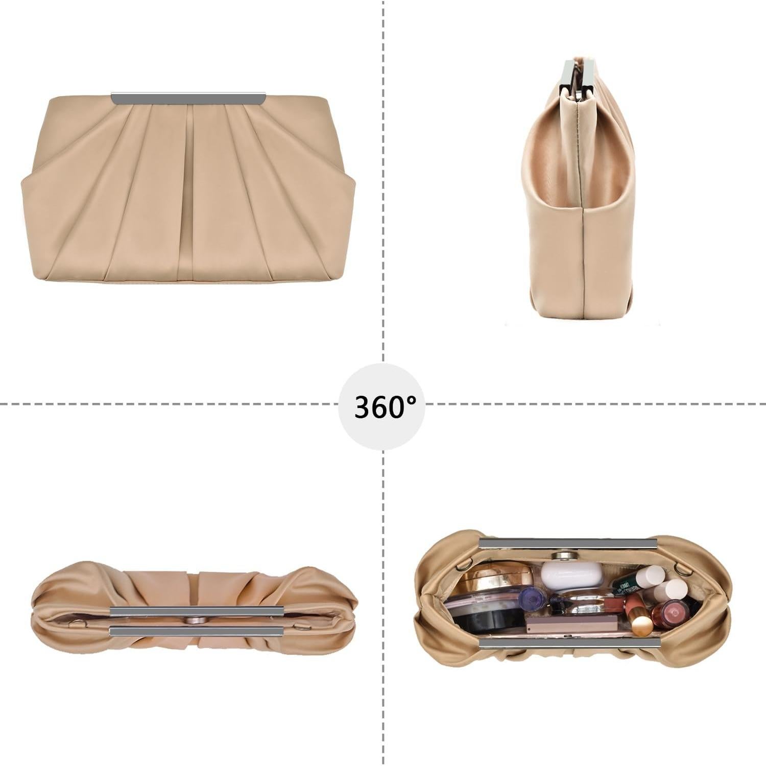 Bolso de Noche Clutch Expouch de Satén Plisado Beige 28x5.5x15cm