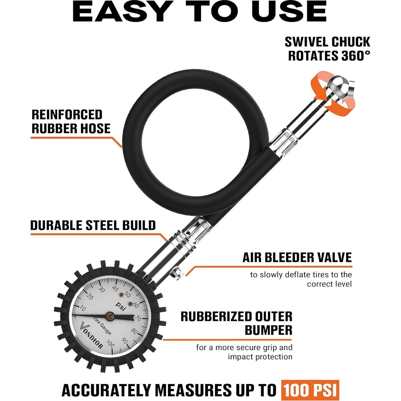 Medidor de Presión de Neumáticos Vondior 0-100 PSI Blanco