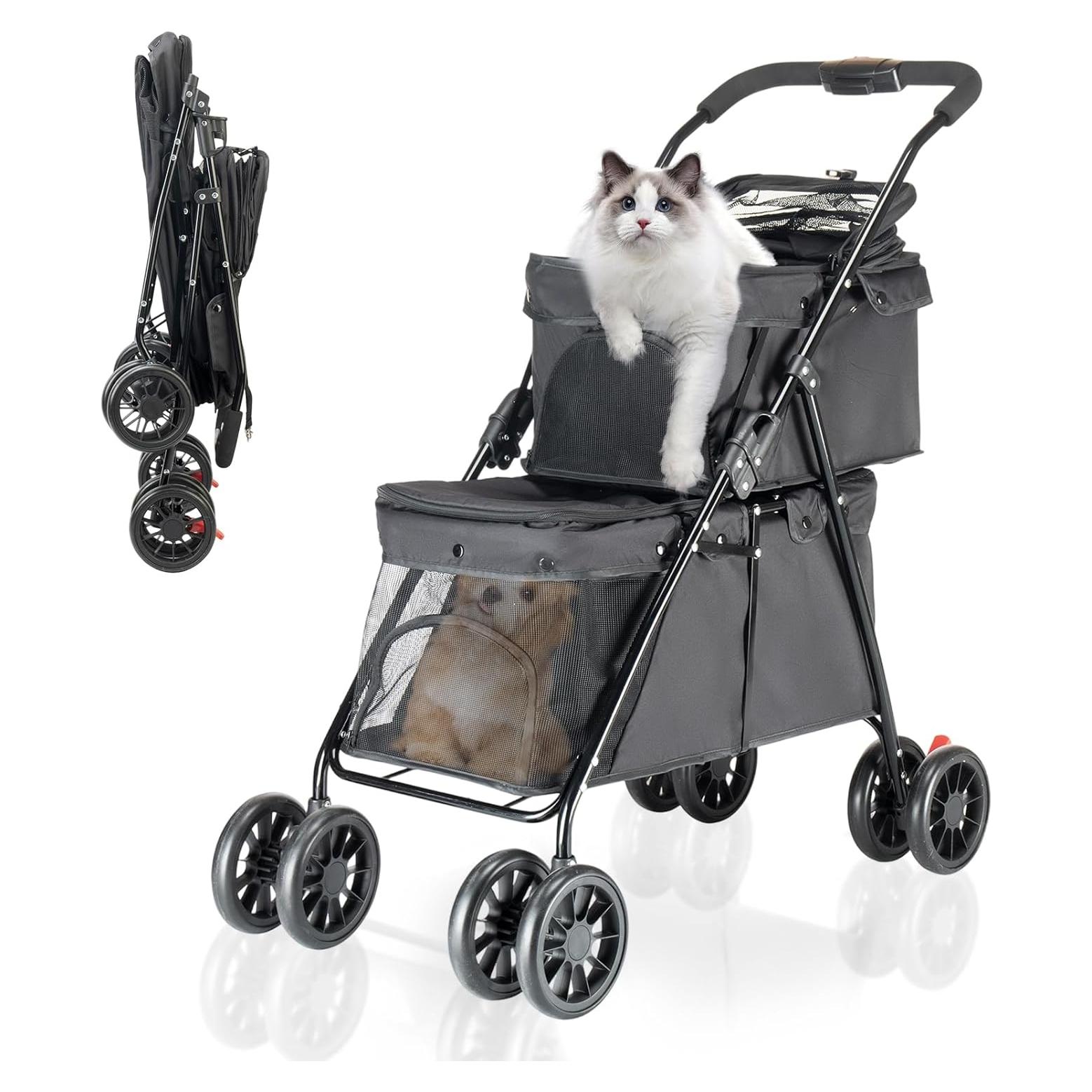 Carrito Doble para Mascotas Rkrouco Negro - 2 Compartimentos, Plegable