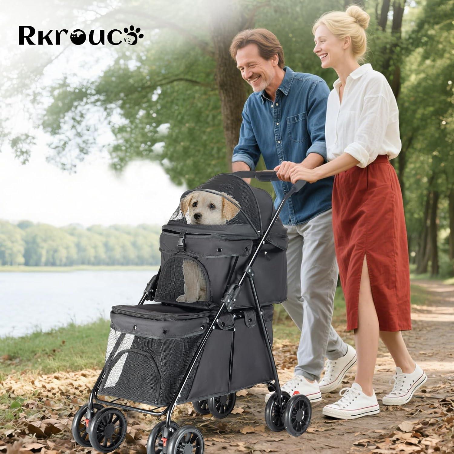 Carrito Doble para Mascotas Rkrouco Negro - 2 Compartimentos, Plegable