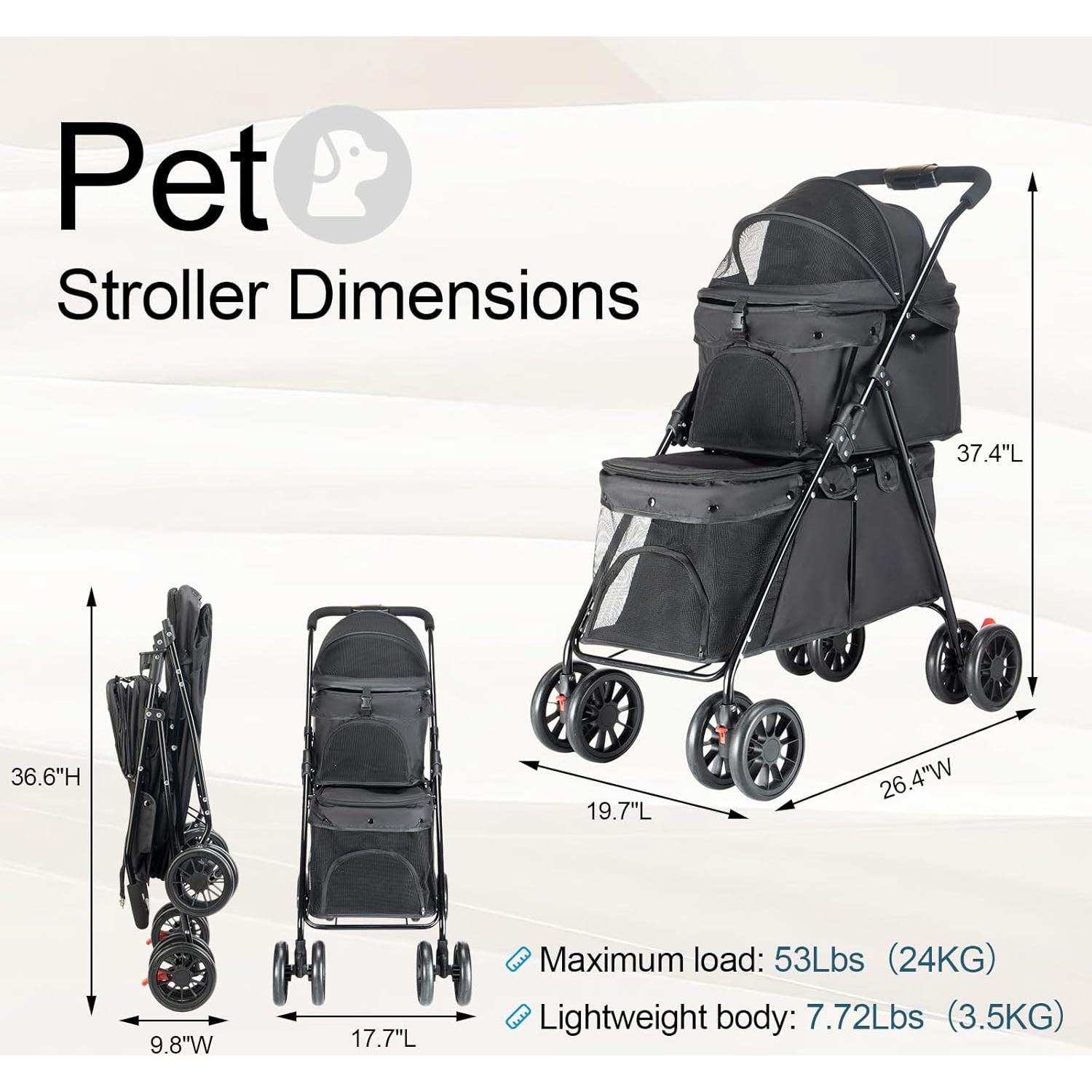 Carrito Doble para Mascotas Rkrouco Negro - 2 Compartimentos, Plegable