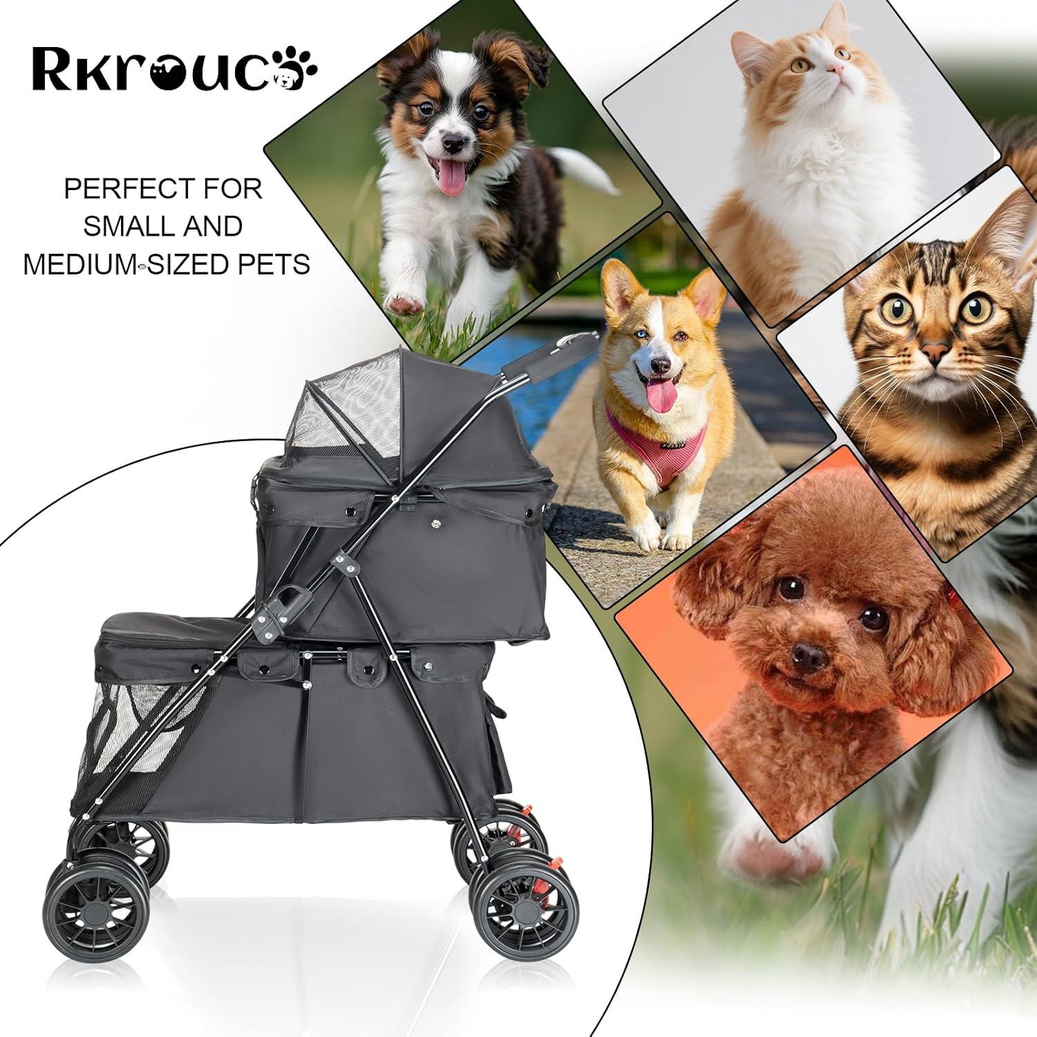 Carrito Doble para Mascotas Rkrouco Negro - 2 Compartimentos, Plegable
