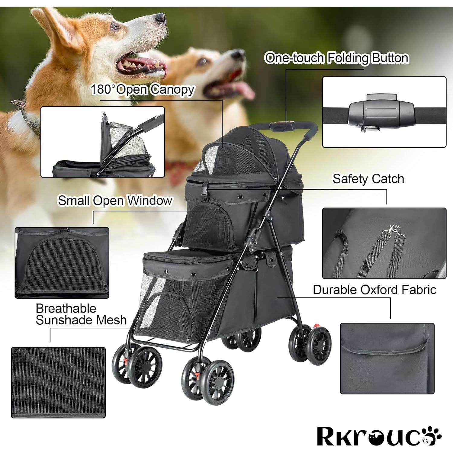 Carrito Doble para Mascotas Rkrouco Negro - 2 Compartimentos, Plegable