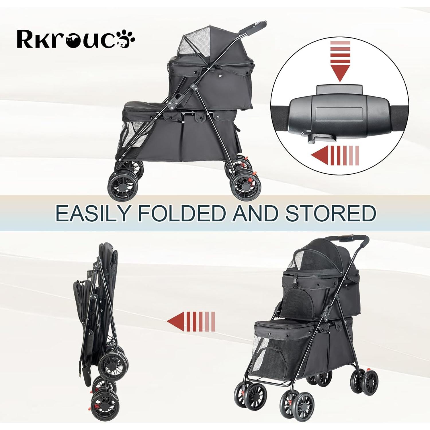 Carrito Doble para Mascotas Rkrouco Negro - 2 Compartimentos, Plegable