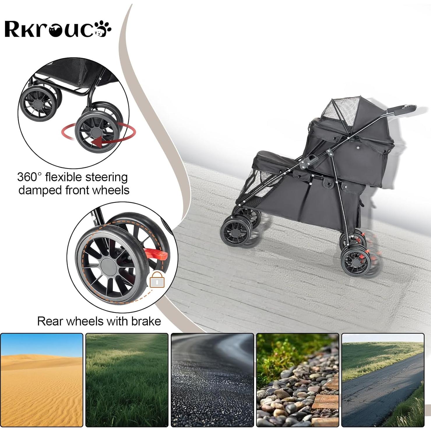 Carrito Doble para Mascotas Rkrouco Negro - 2 Compartimentos, Plegable