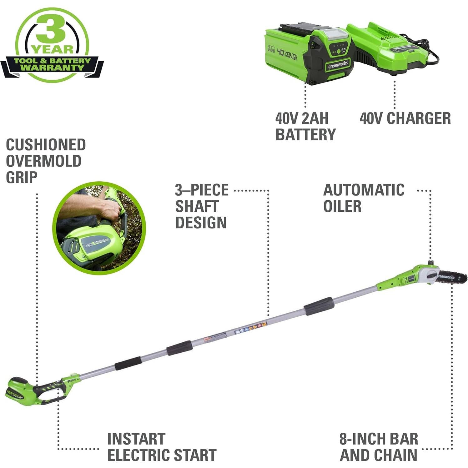 Sierra de Poste Greenworks 40V 8" Batería 2.0Ah Incluida