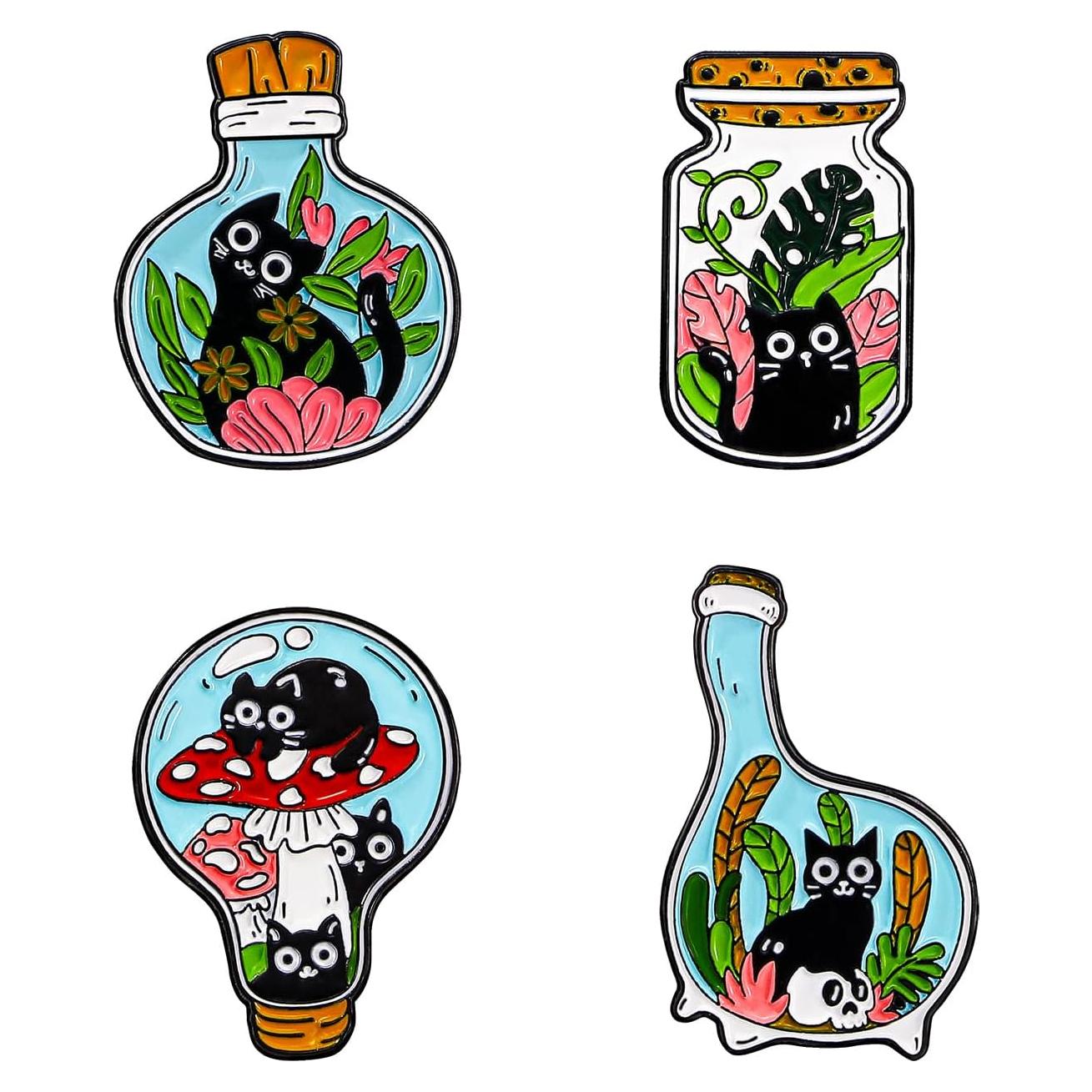 Conjunto de 4 Pines de Esmalte de Gato Lindo para Ropa y Accesorios