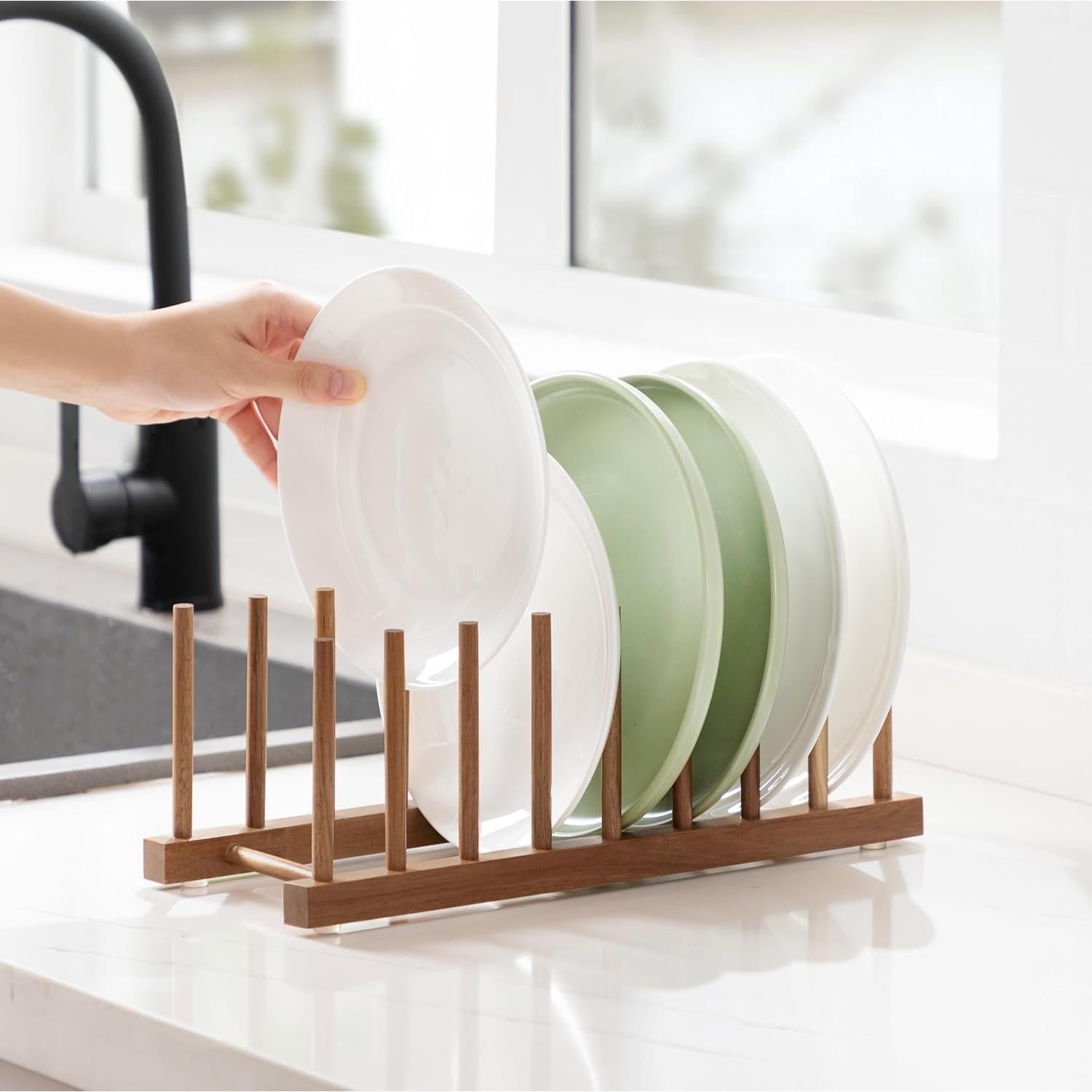 Soporte de Madera de Acacia HBlife para Platos y Tapas - 8 Ranuras