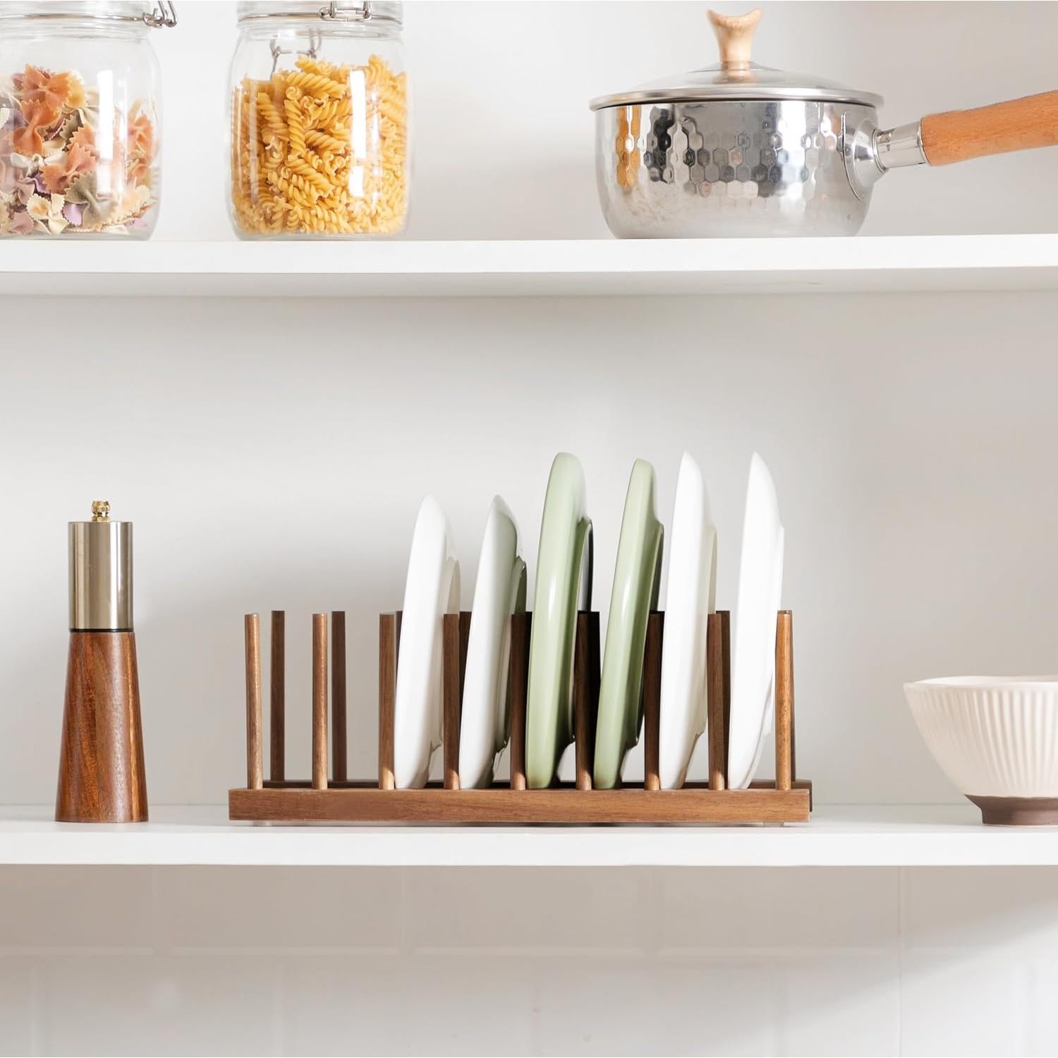 Soporte de Madera de Acacia HBlife para Platos y Tapas - 8 Ranuras