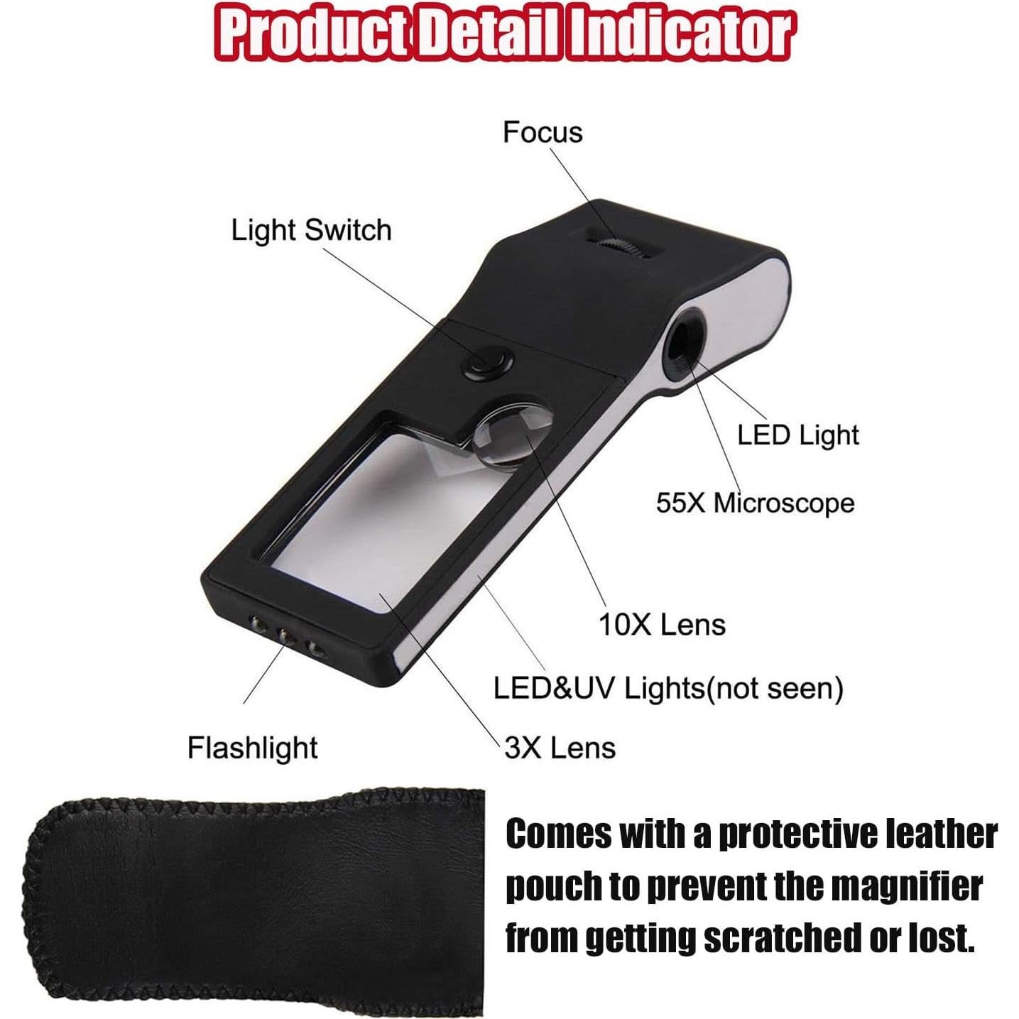 Lupa de Joyero Rongon con Luz LED y UV, Aumento 3X 10X 55X