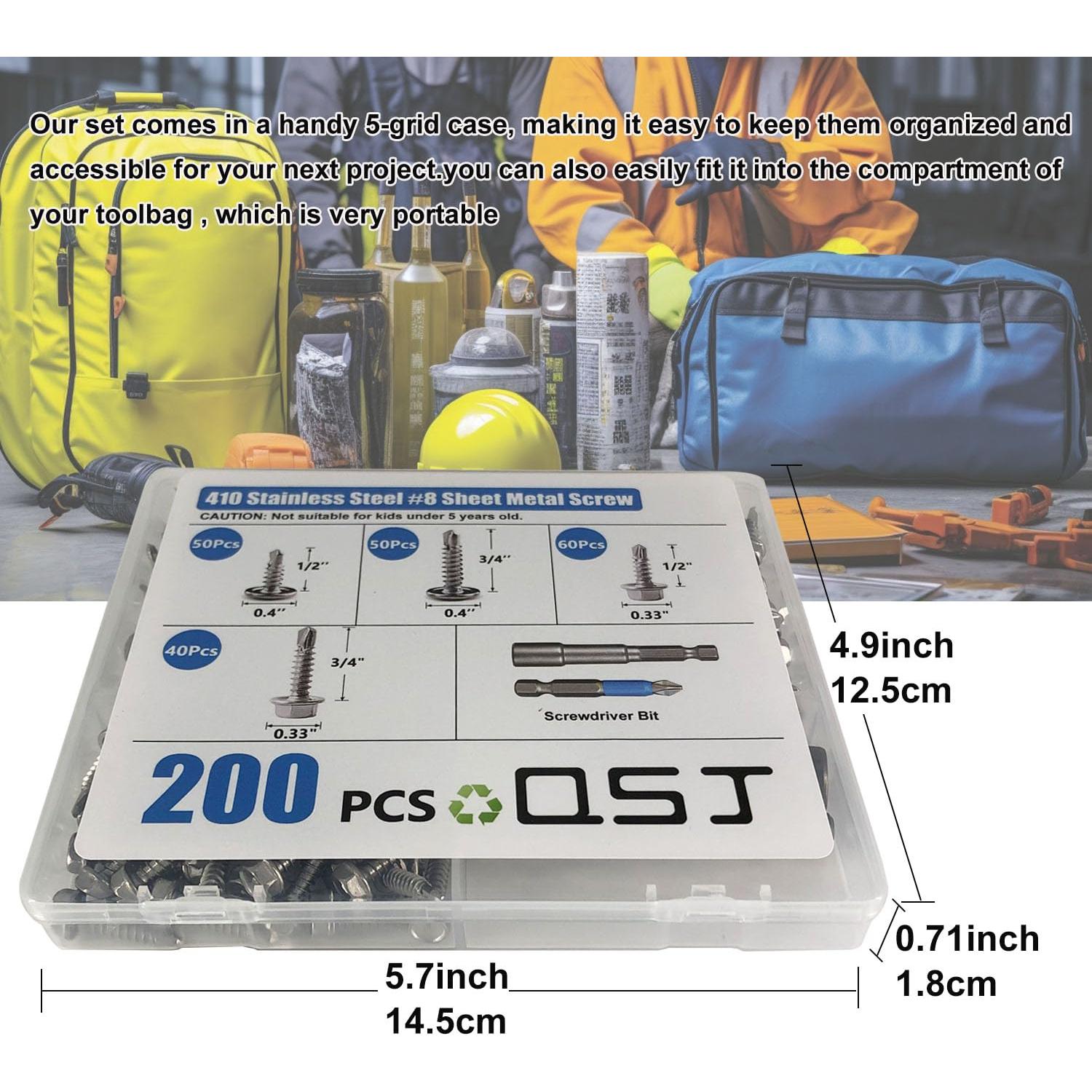 Set de 200 Tornillos Autoperforantes QSJ Acero Inoxidable 410