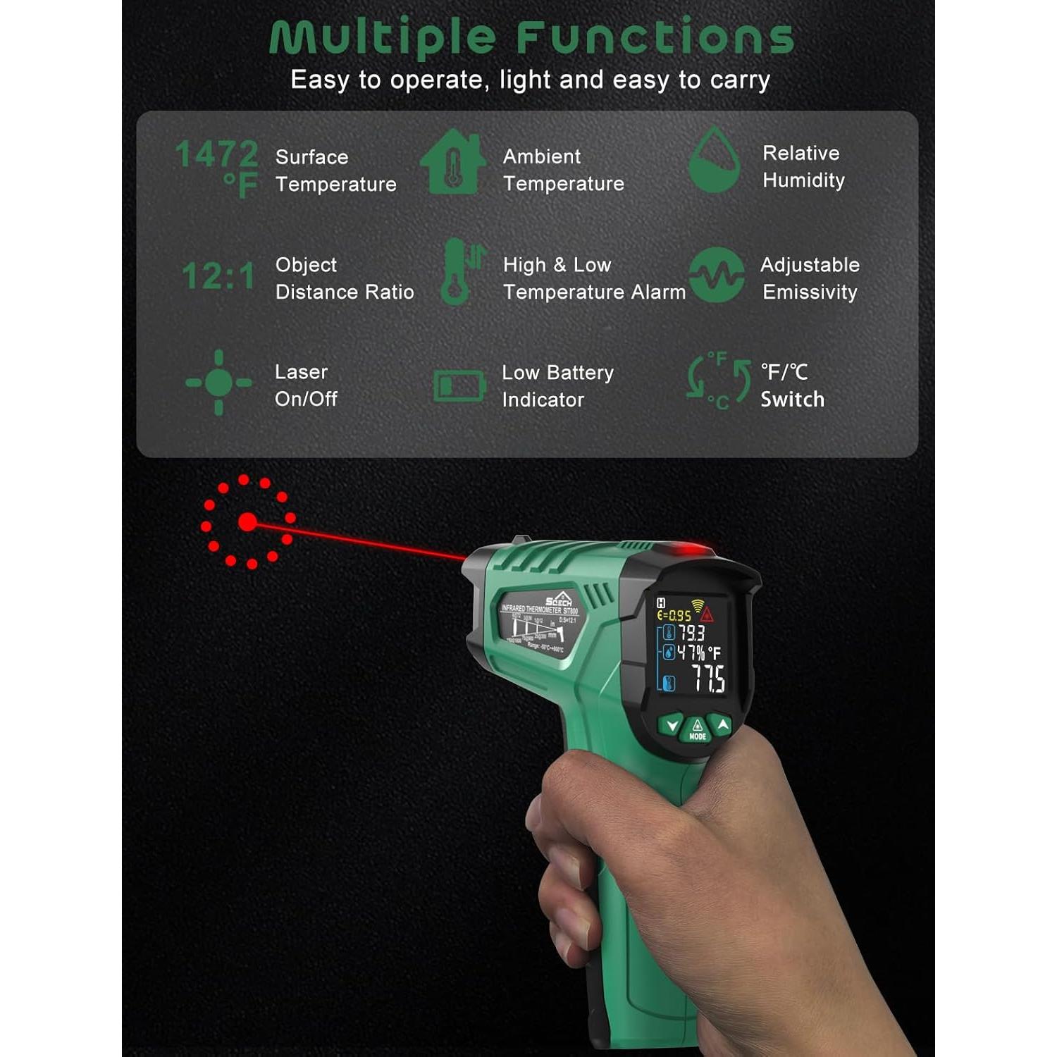 Pistola Termómetro Infrarrojo SQECH SIT800 -50°C a 800°C