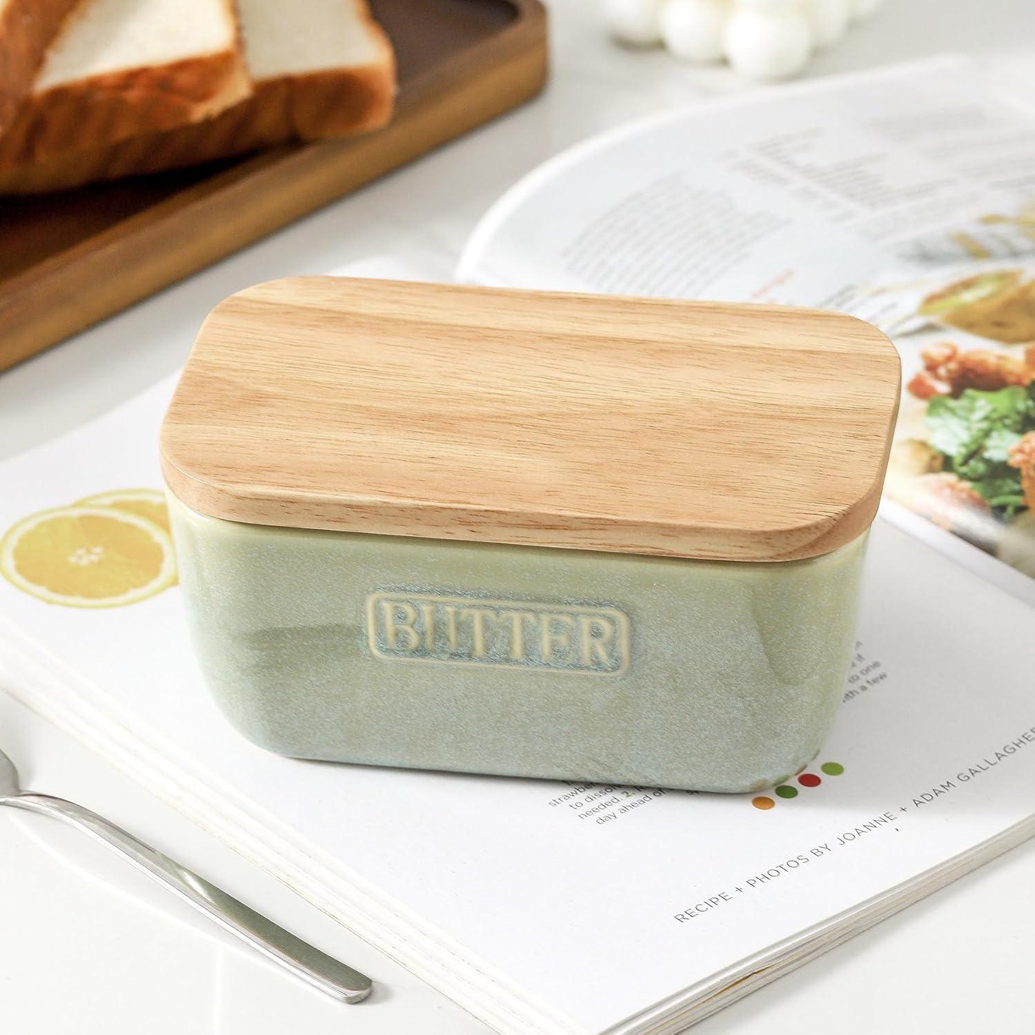Plato de Mantequilla Cerámica HVH con Tapa de Madera Verde