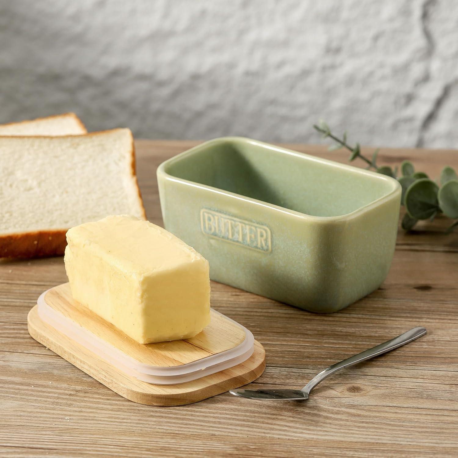 Plato de Mantequilla Cerámica HVH con Tapa de Madera Verde