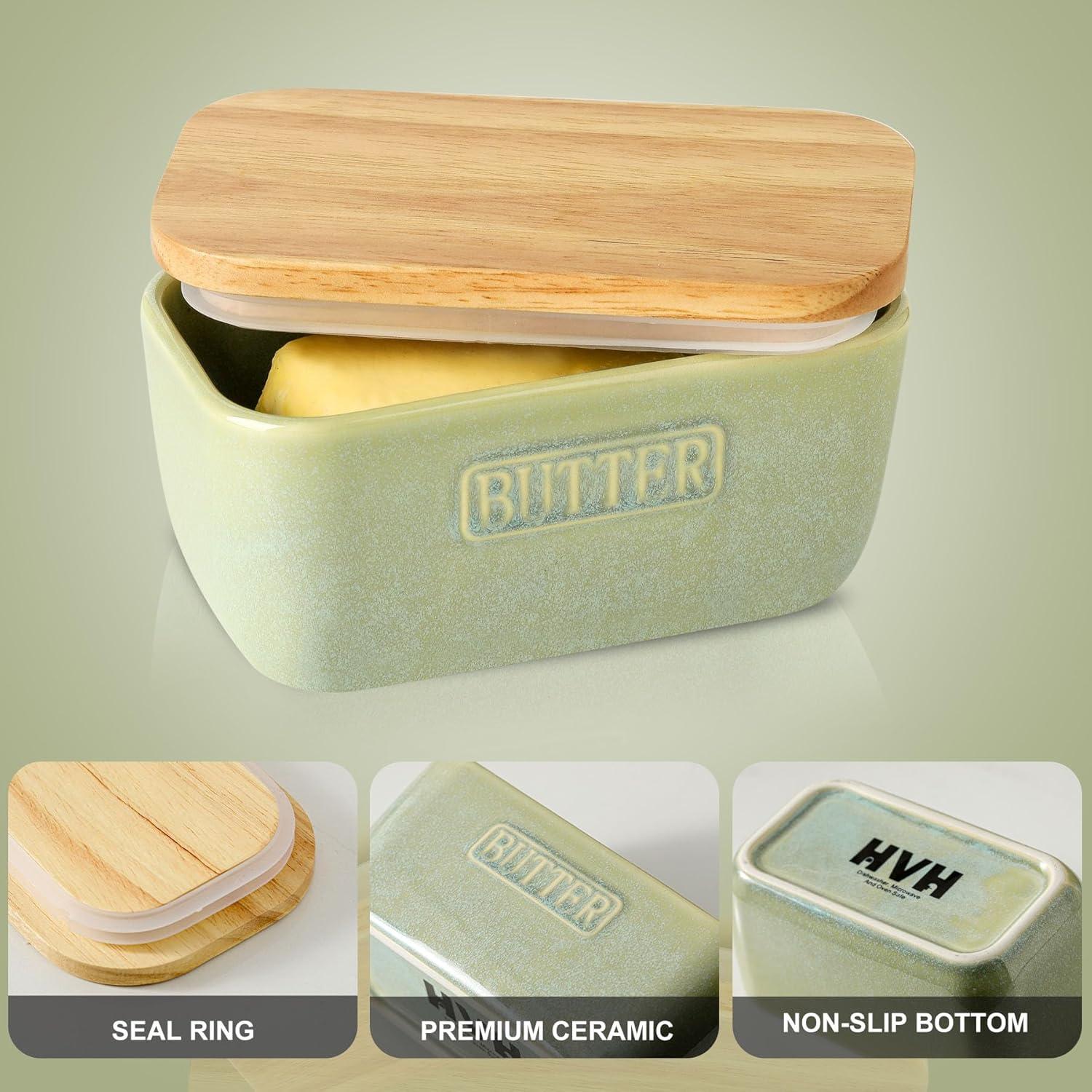 Plato de Mantequilla Cerámica HVH con Tapa de Madera Verde