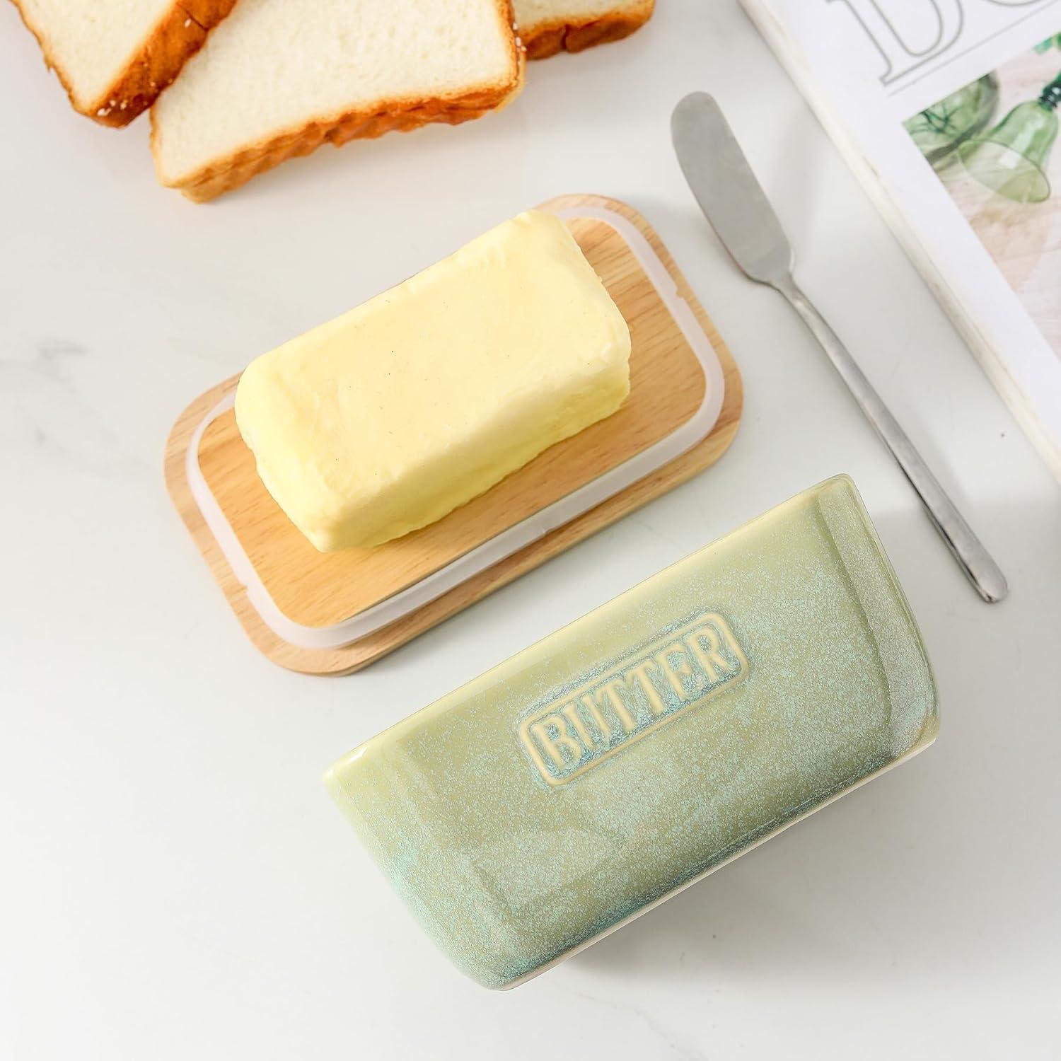 Plato de Mantequilla Cerámica HVH con Tapa de Madera Verde