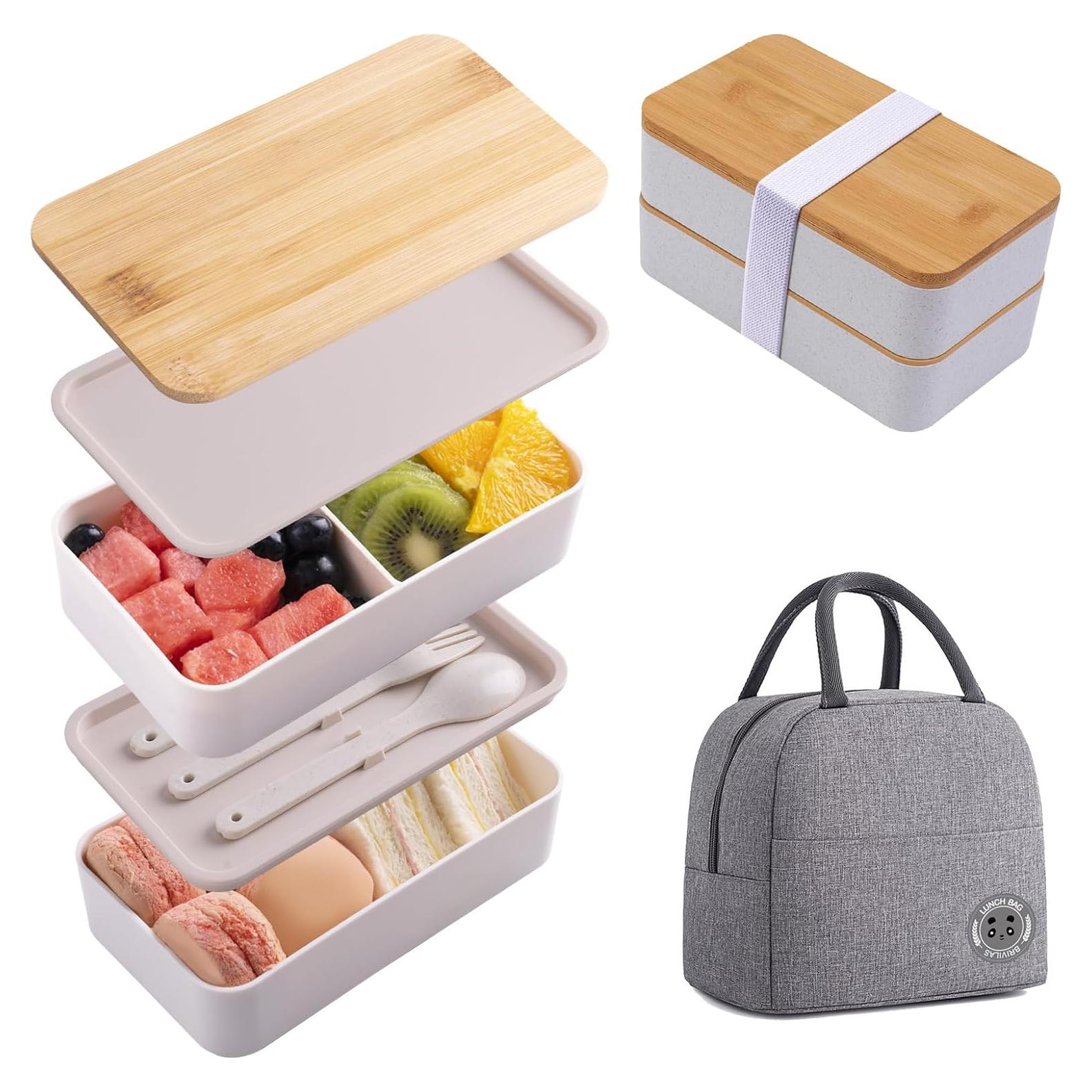 Caja Bento de Bambú Japonés Beige con Compartimentos y Bolsa