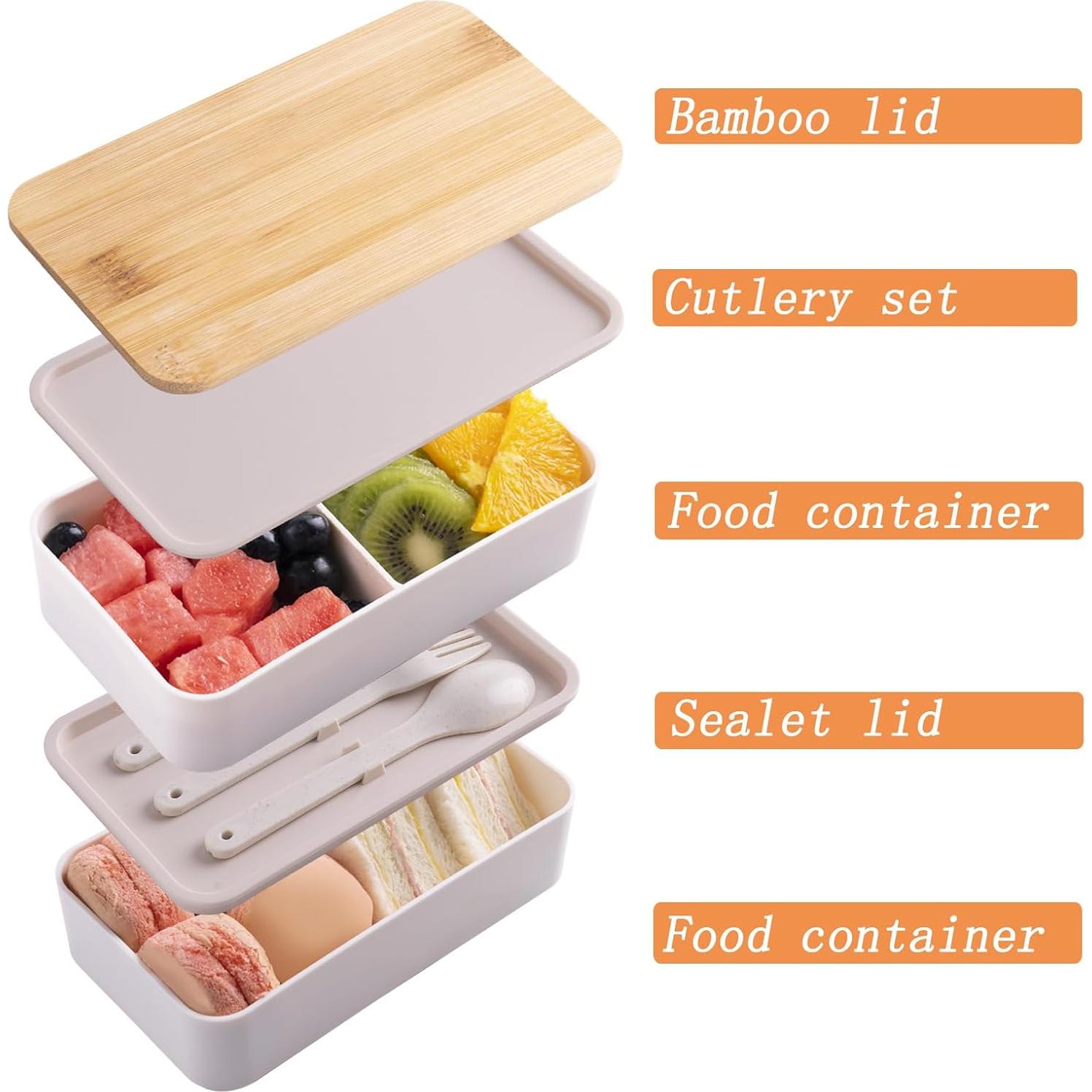 Caja Bento de Bambú Japonés Beige con Compartimentos y Bolsa
