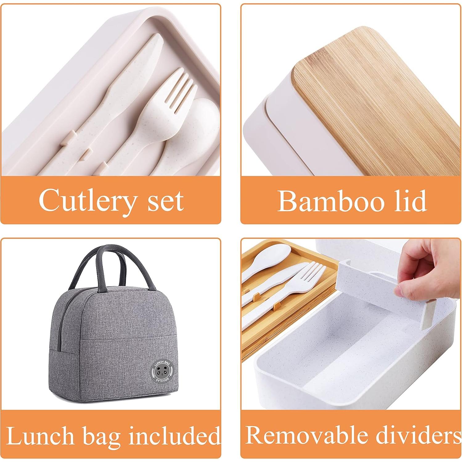 Caja Bento de Bambú Japonés Beige con Compartimentos y Bolsa